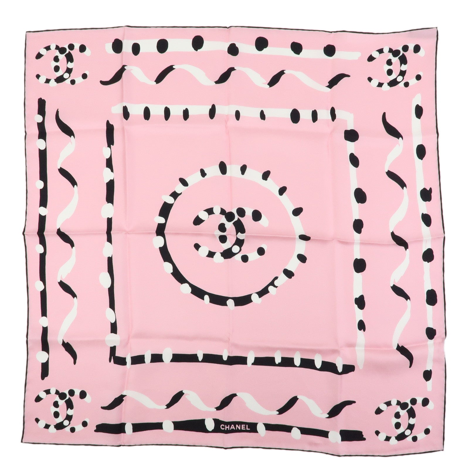CHANEL COCO Mark Silk 100% Scarf Pink Black White