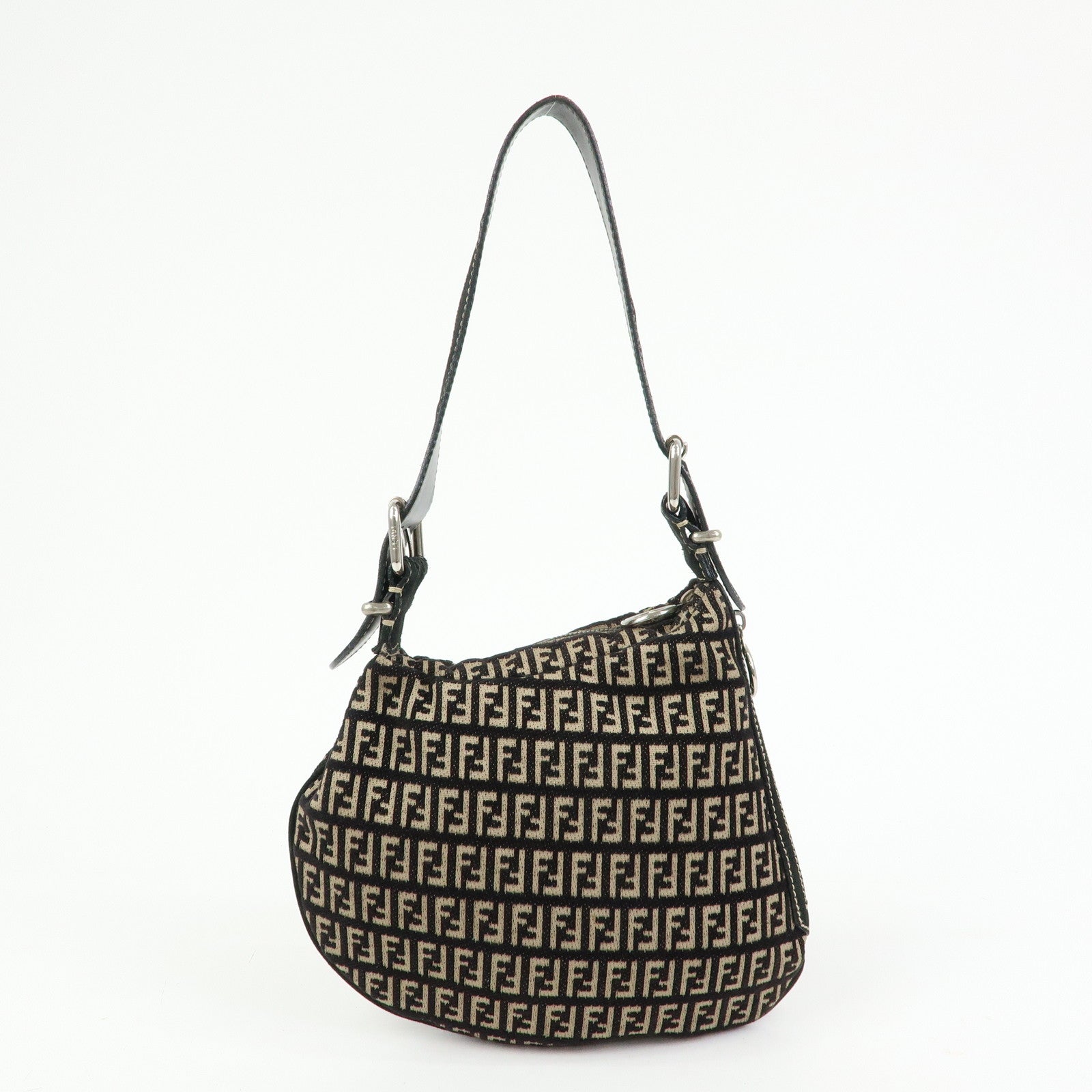 FENDI Zucchino Canvas Leather Shoulder Bag Hand Bag Black Beige