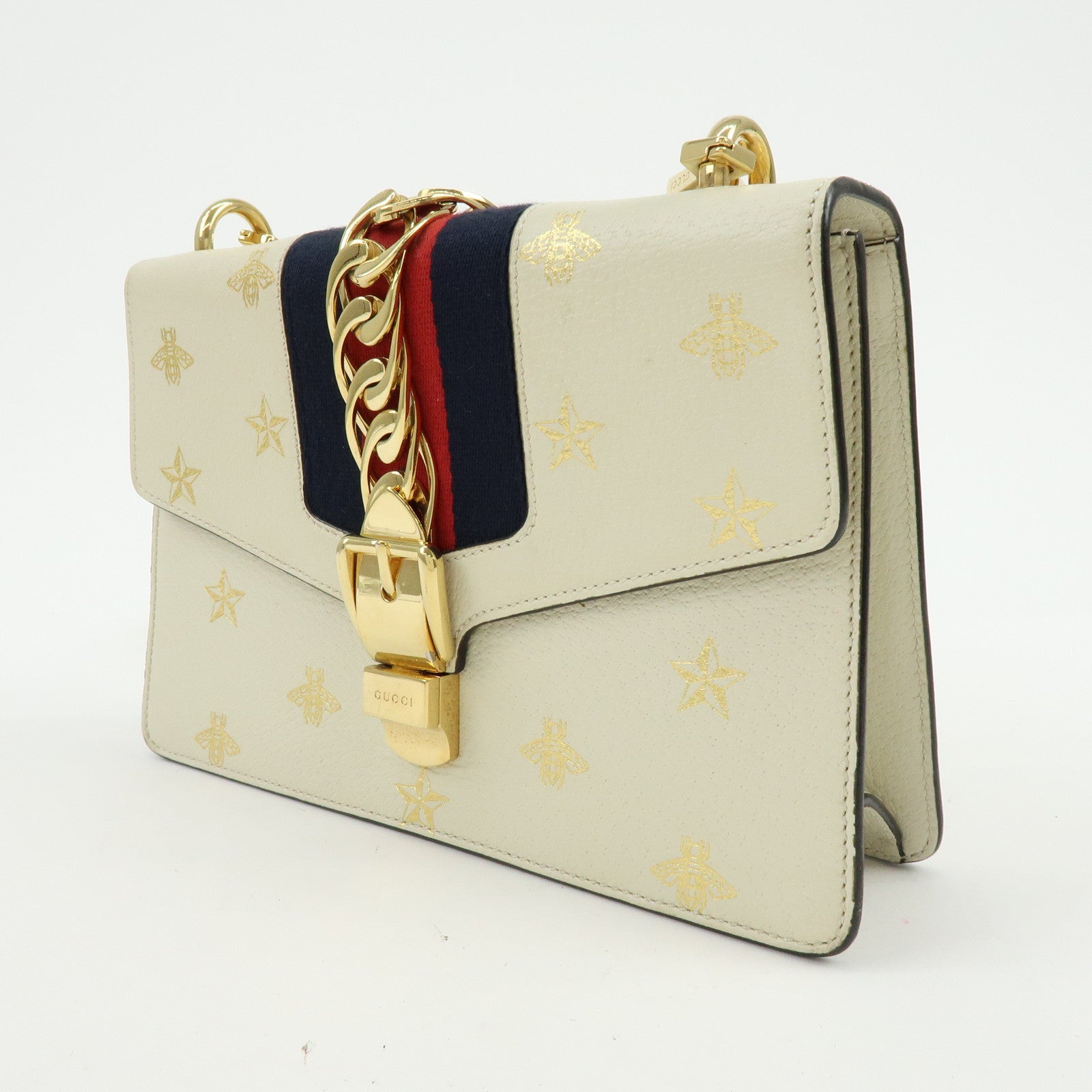 GUCCI Sylvie Sherry Calf Leather Shoulder Bag Ivory Bee & Star 524405