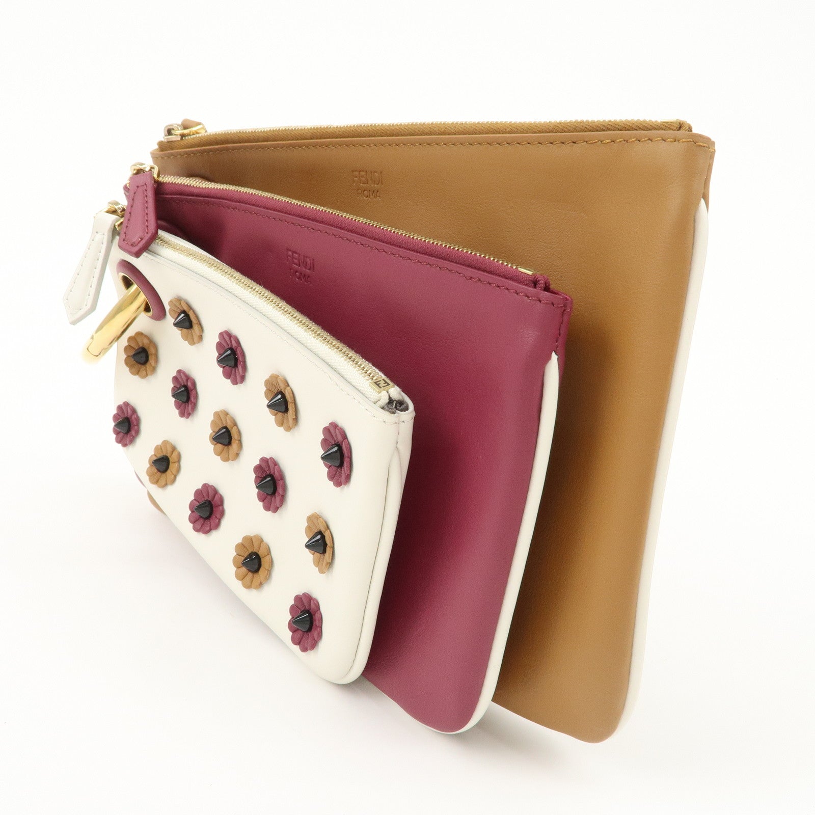 FENDI Leather Flower Studs Triplet Pouch Hand Bag 8BS001 Used