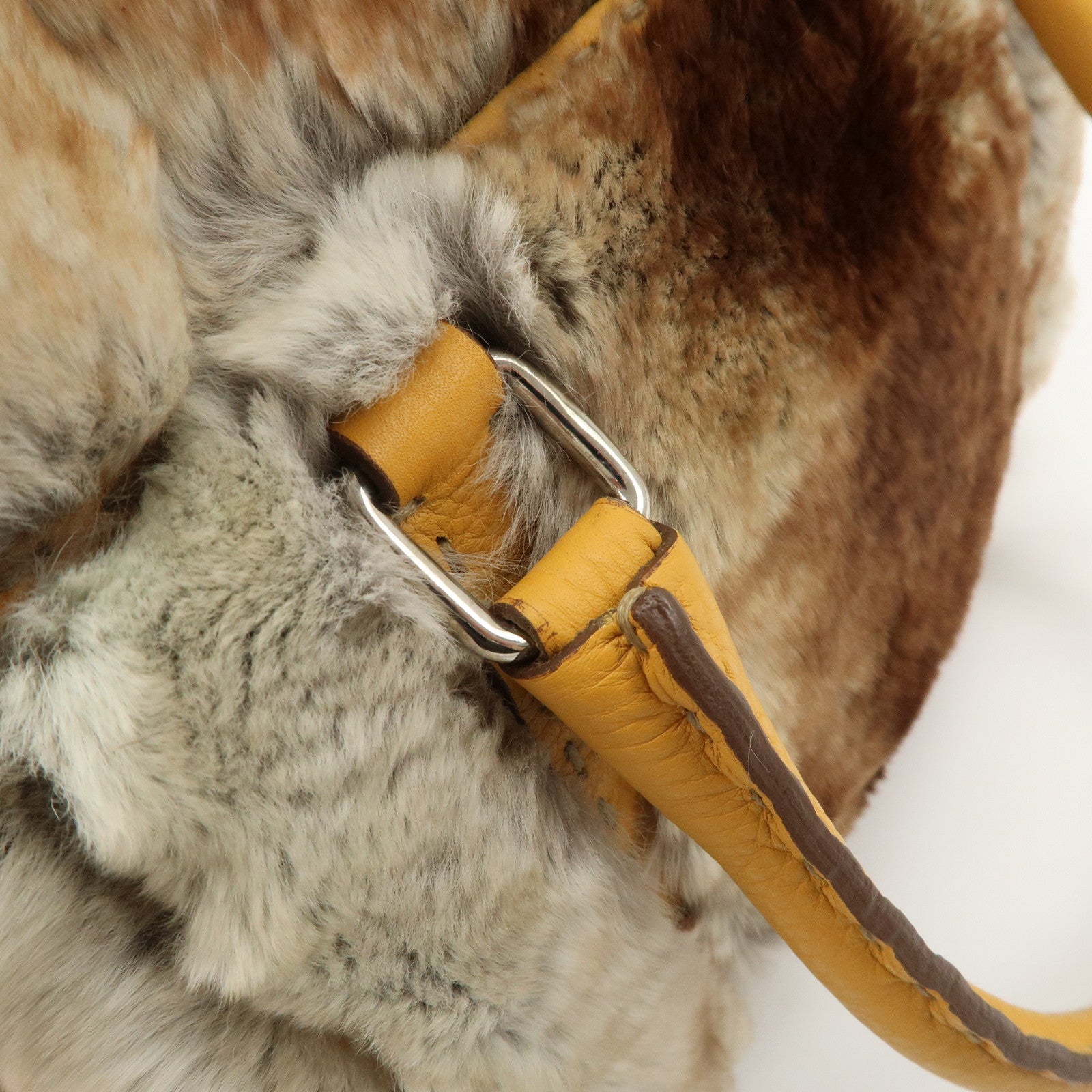 FENDI Seleria Leather Fur Mini Linda Hand Bag Brown White 8BR486 Used