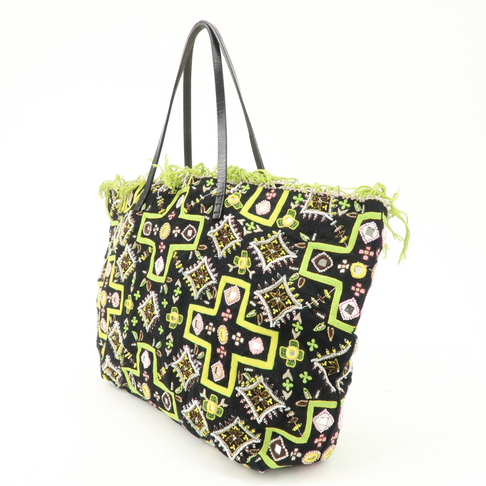 FENDI Canvas Leather Beaded Embroidery Tote Bag Hand Bag Black Used
