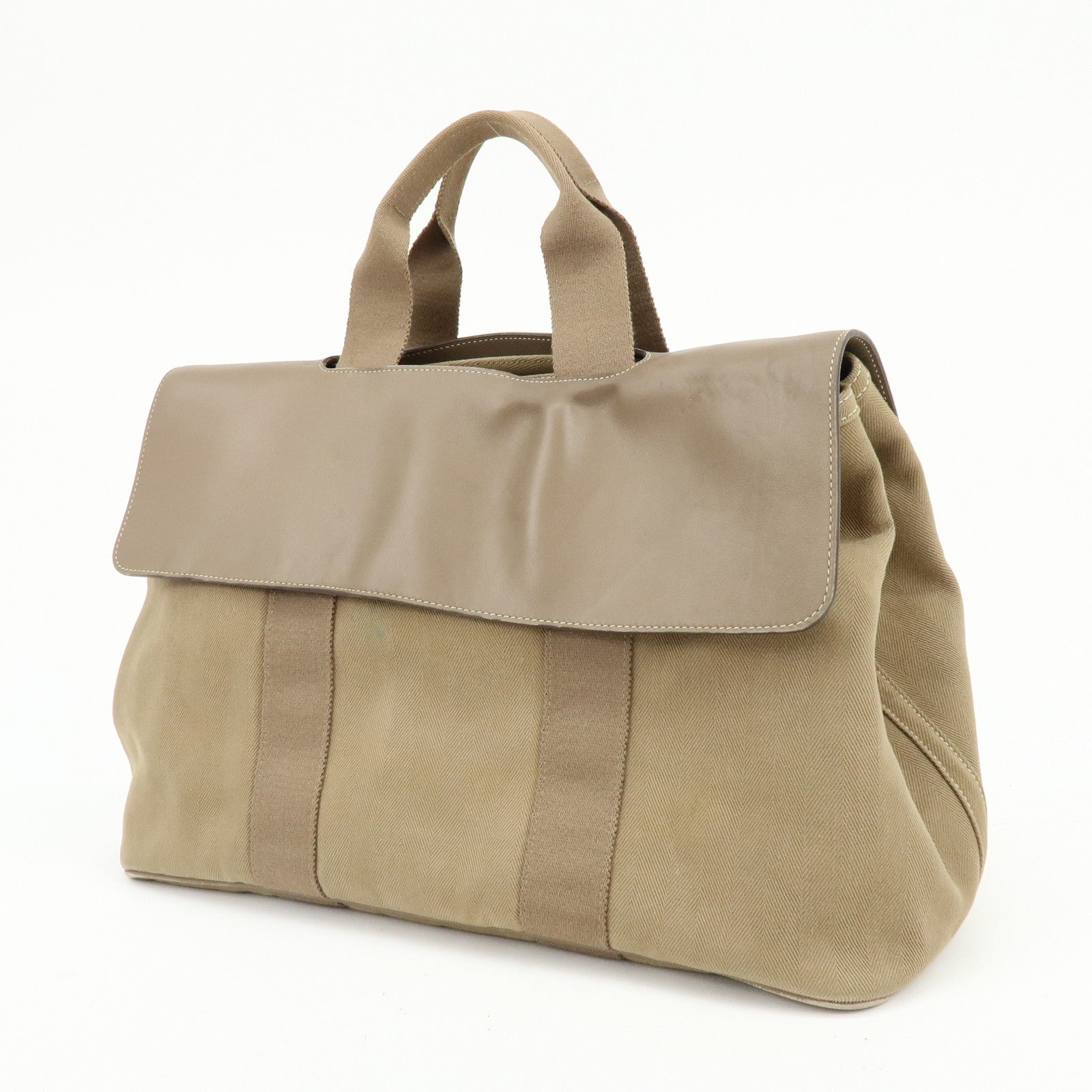 HERMES Valparaiso Toile Chevron Leather MM Hand Tote Bag Beige