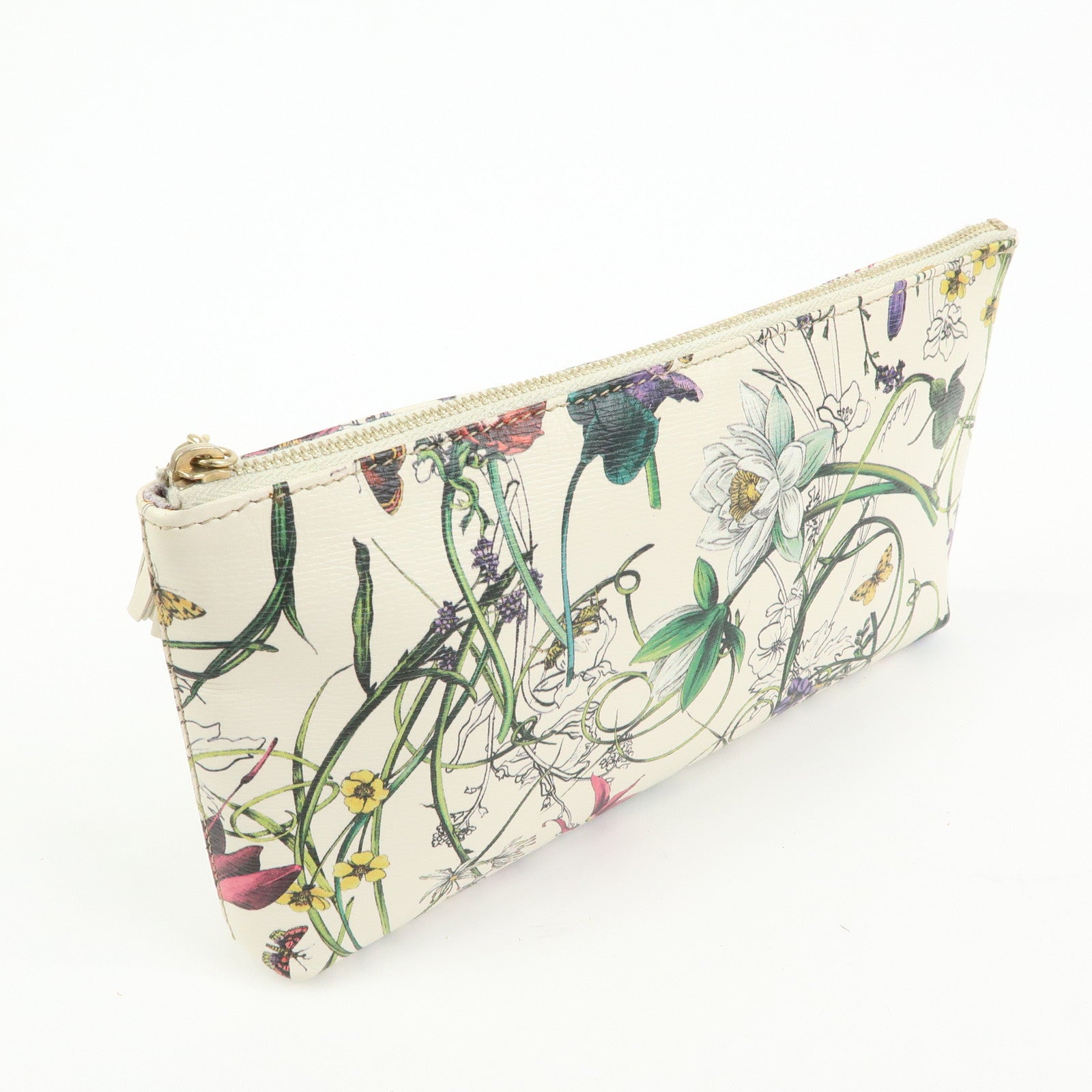 GUCCI Flora Bamboo Leather Cosmetic Accessory Pouch Ivory 338815