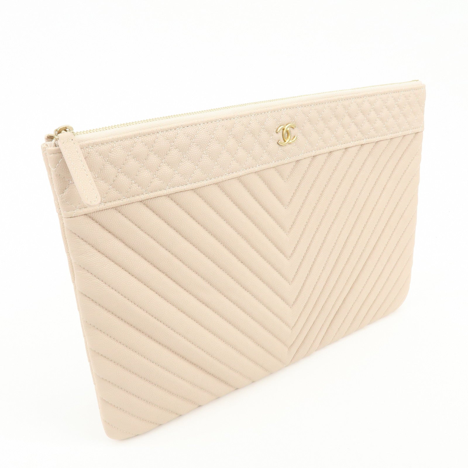 CHANEL COCO Mark Shevron V Stitch Caviarskin Clutch Bag Beige A69251