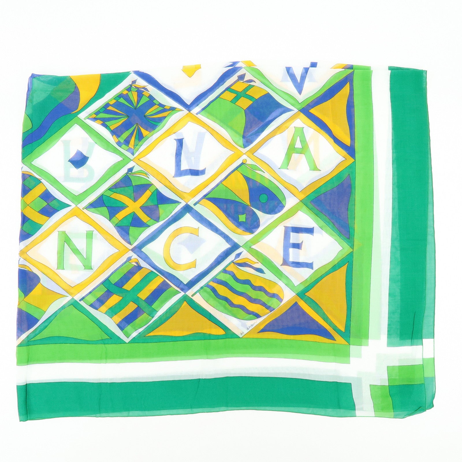 HERMES Vive La France Cotton 100％ Scarf Pareo Green Blue Yellow