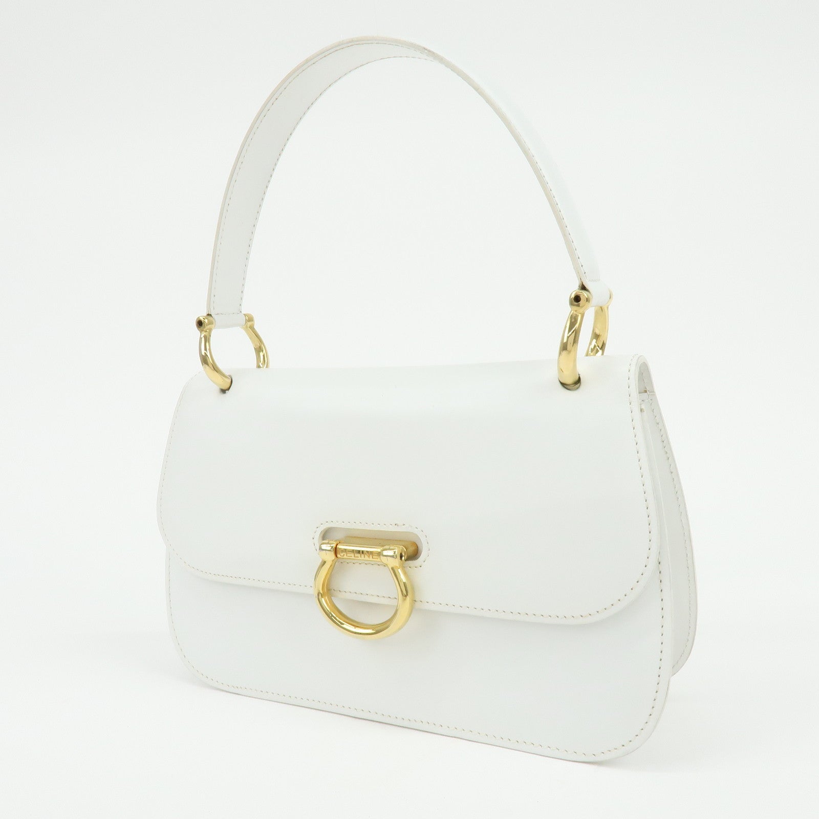 CELINE Leather Top Handle 2Way Bag Hand Bag Shoulder Bag White