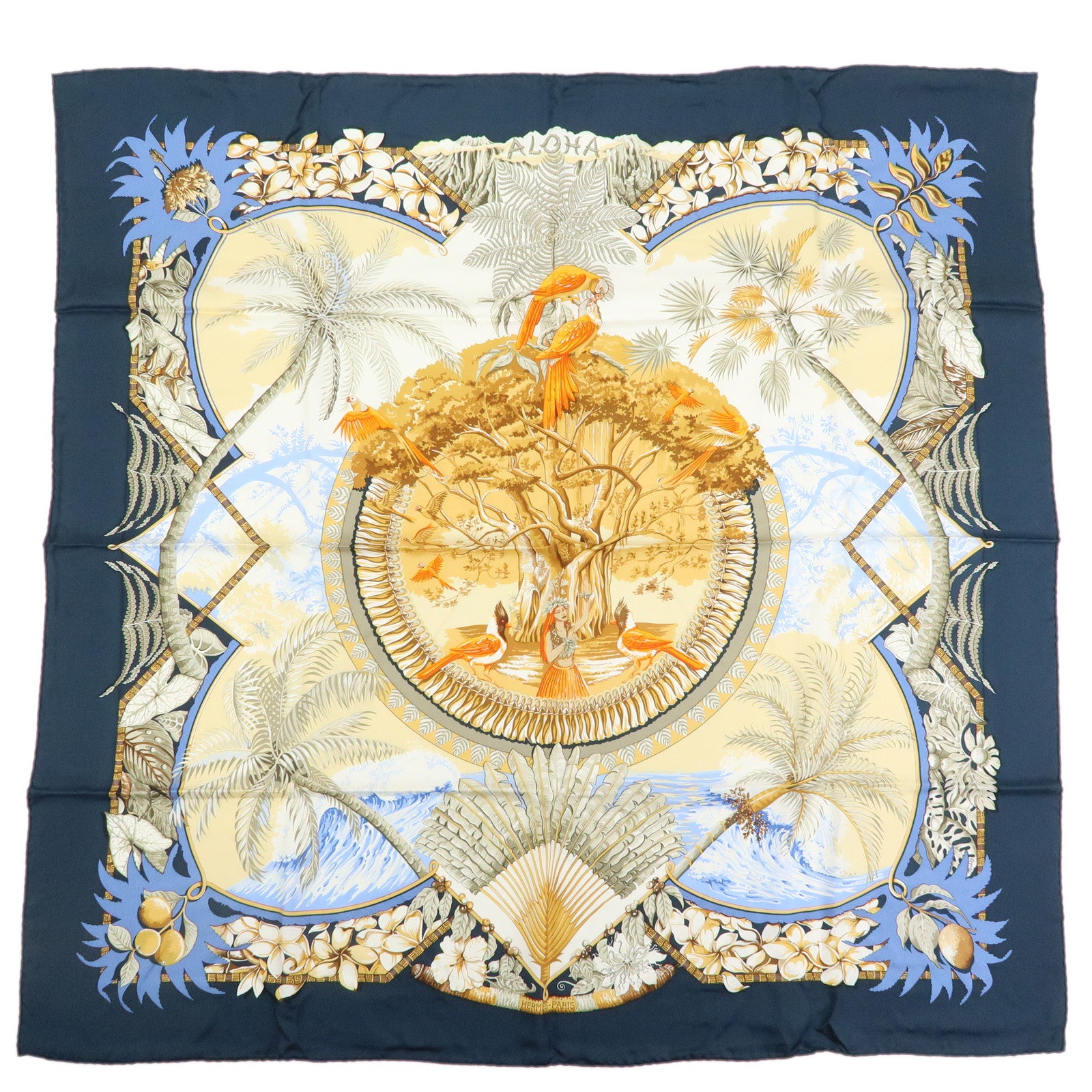 HERMES Carre 90 Silk 100% Scarf ALOHA Navy Light Brown