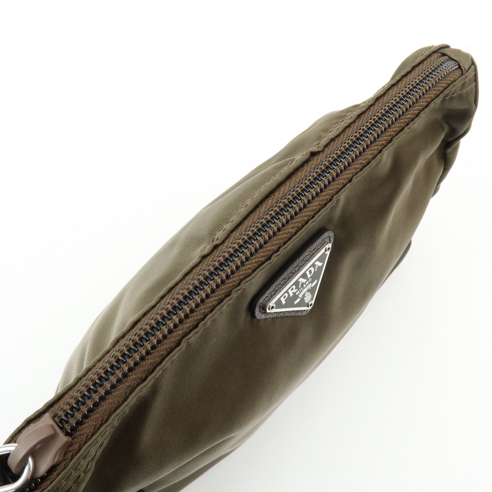 PRADA Triangle Logo Nylon Leather Pouch Cosmetic Makeup Bag Khaki