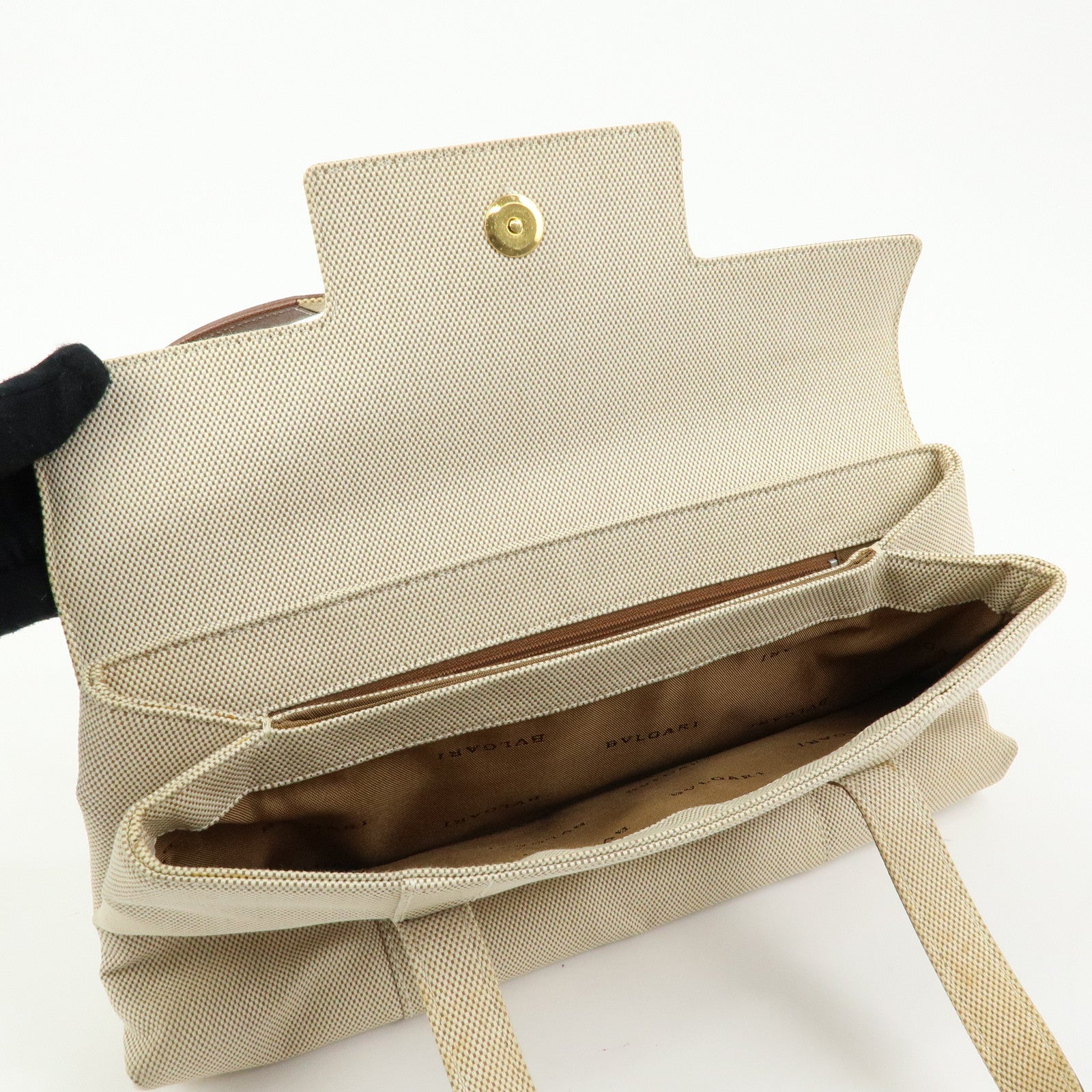BVLGARI Canvas Leather Flap Shoulder Hand Bag Beige Brown