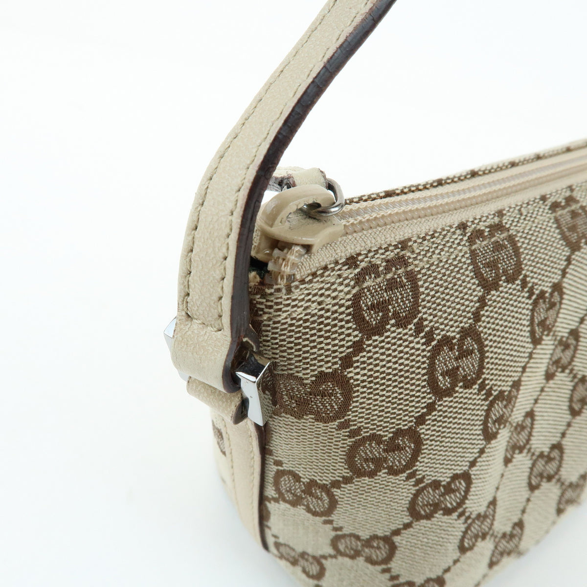 GUCCI Boat Bag GG Canvas Leather Hand Bag Accessory Pouch Beige 07198