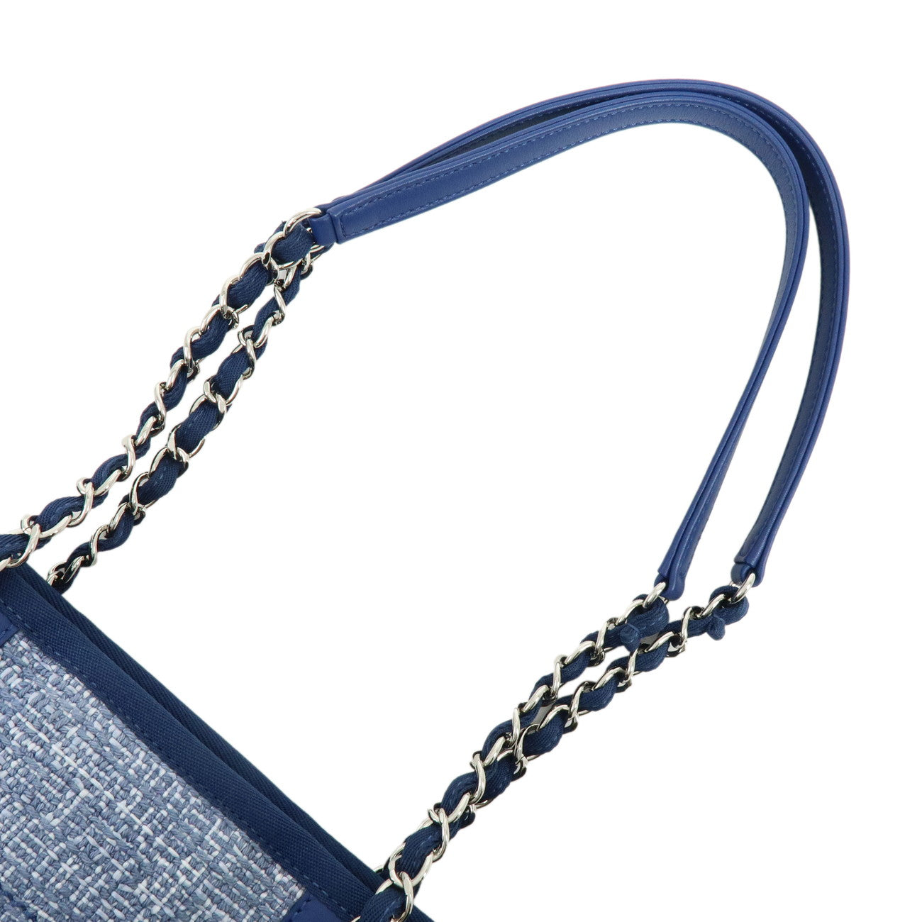 CHANEL Deauville PM Jaquard Canvas Leather Chain Tote Bag Blue A66939