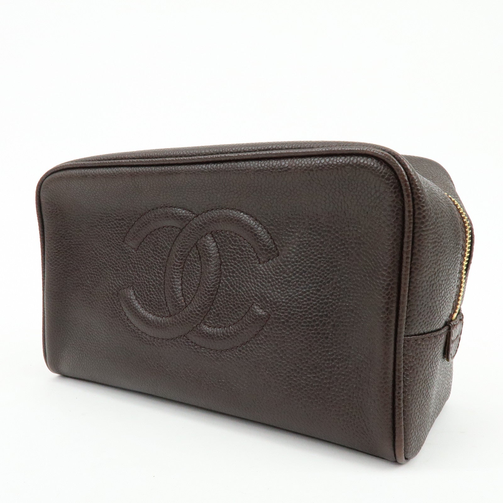 CHANEL COCO Mark Caviarskin Pouch Cosmetic Pouch Dark Brown A01996