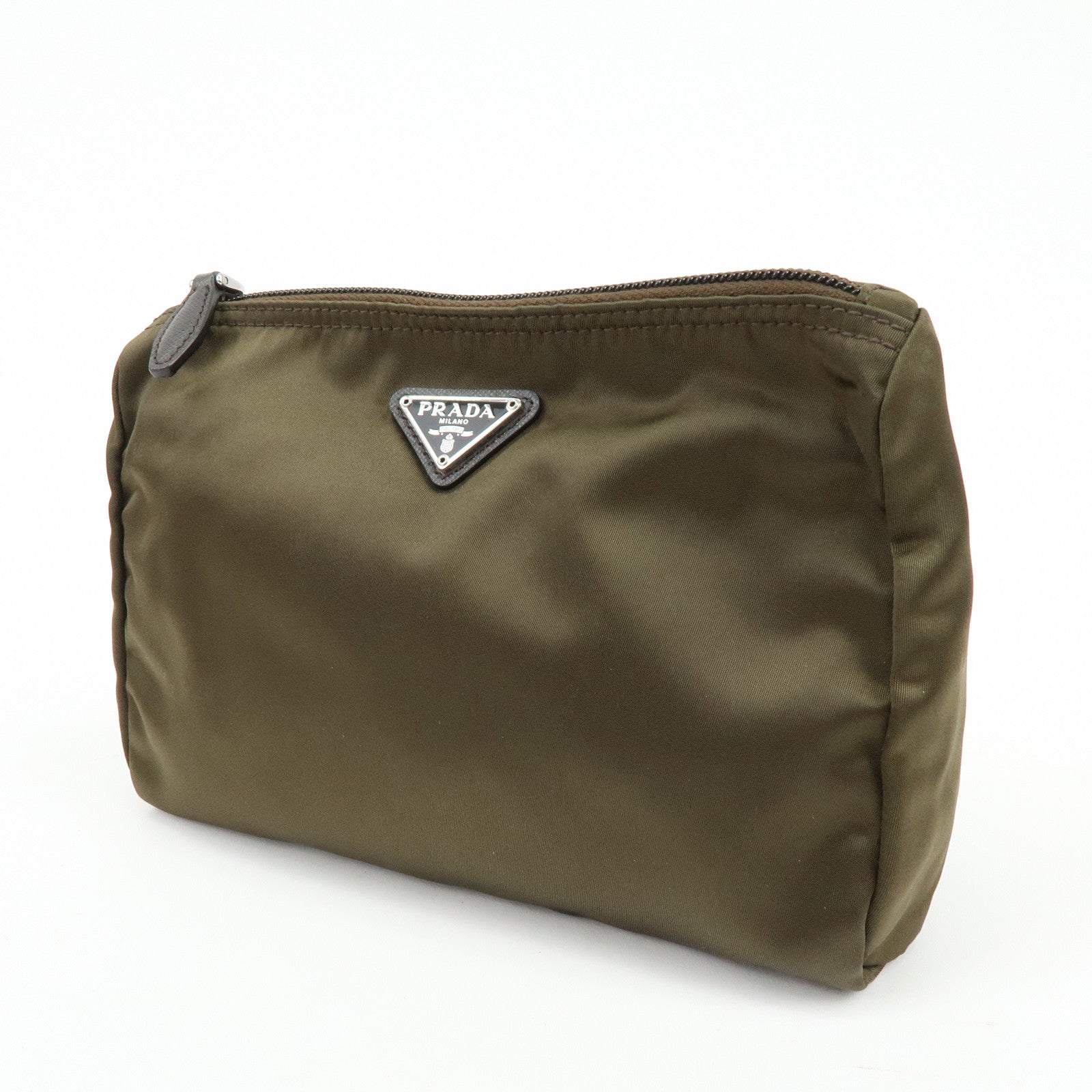 PRADA Triangle Logo Nylon Leather Pouch Cosmetic Makeup Bag Khaki