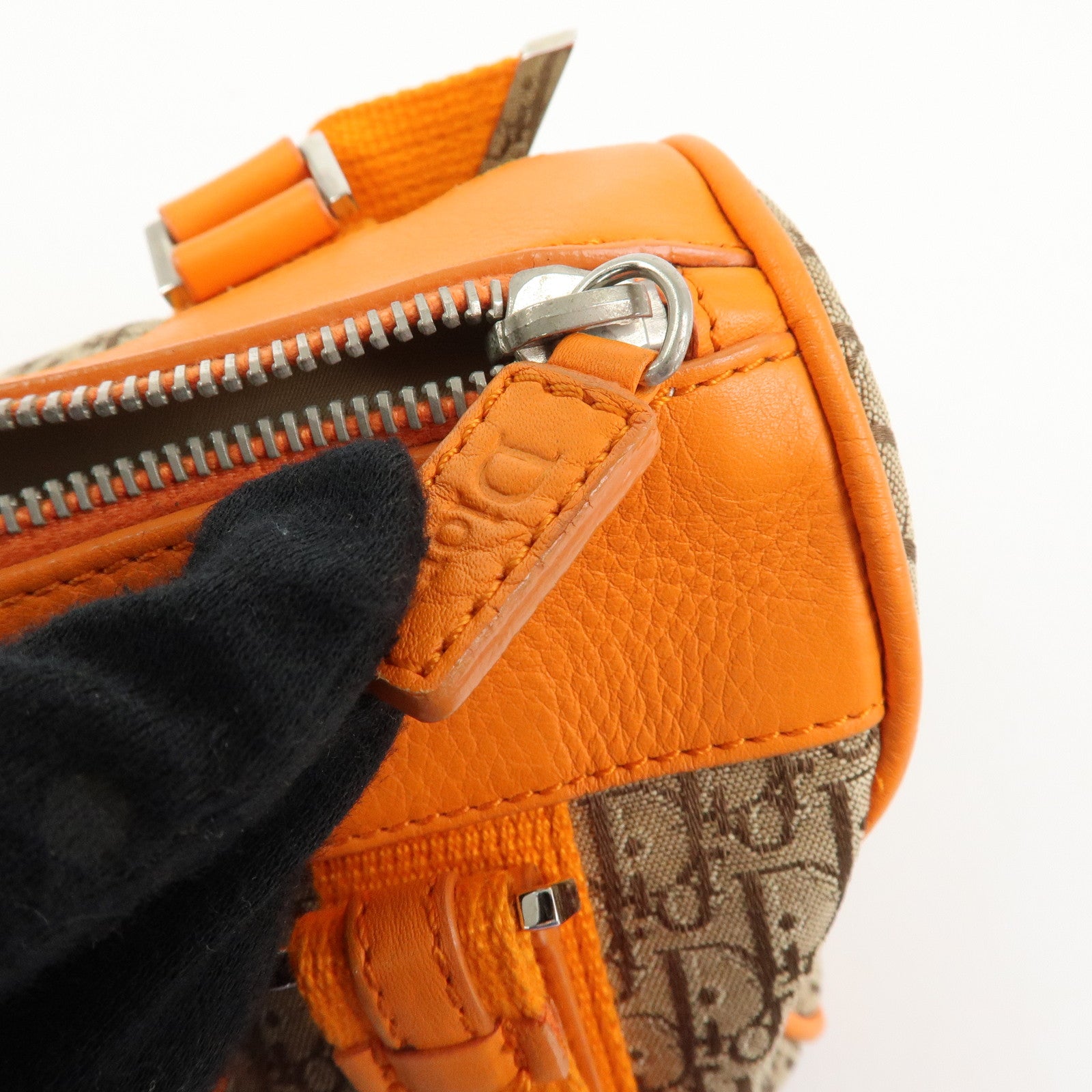 Christian Dior Trotter Jacquard Canvas Leather Hand Bag Beige Orange