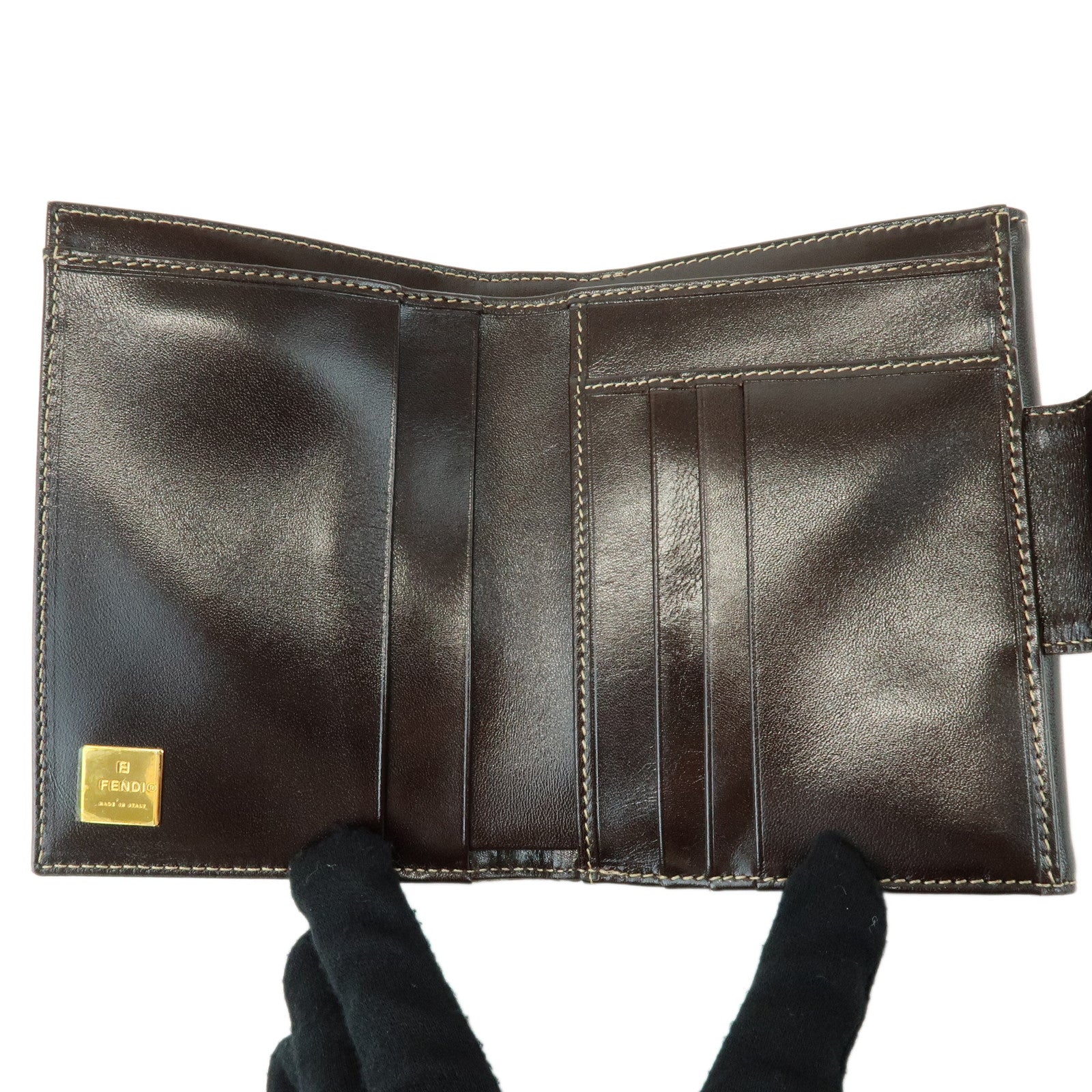 FENDI Zucchino Patent Leather Bi-fold Compact Wallet Beige Brown 16348