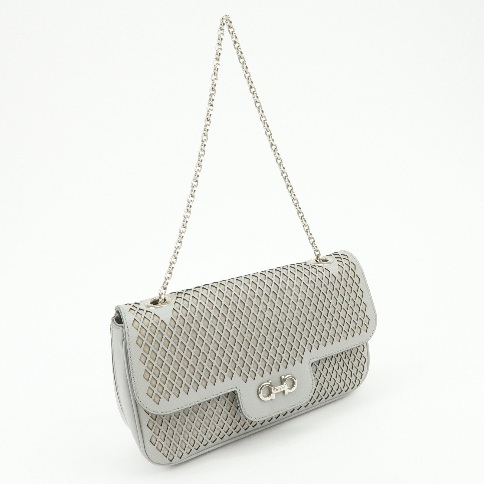 Ferragamo Gancini Leather Shoulder Bag Hand Bag Gray