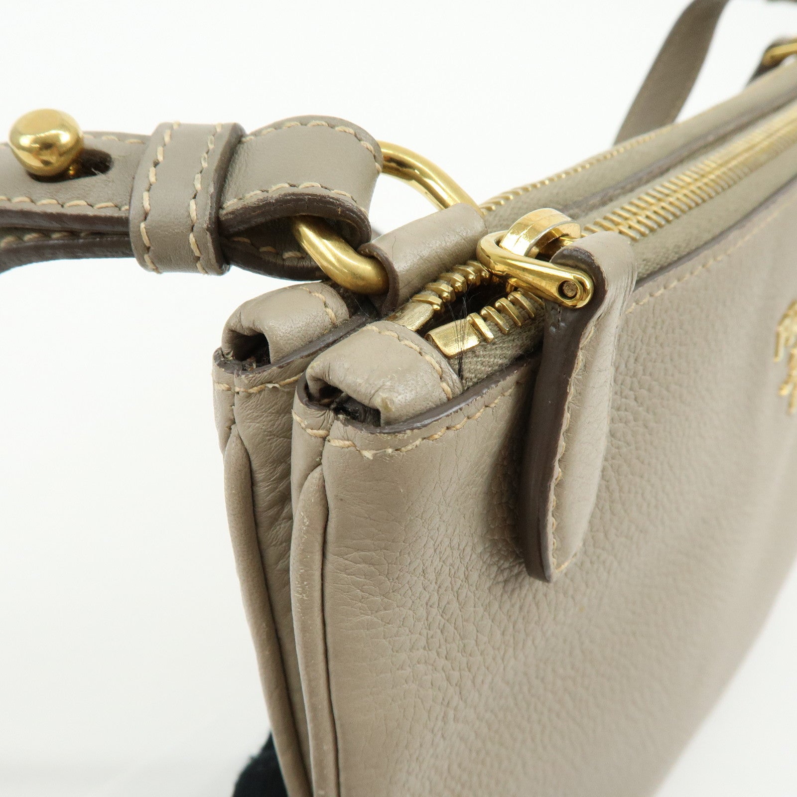 PRADA Logo Leather Shoulder Bag Crossbody Bag Beige 1BH046
