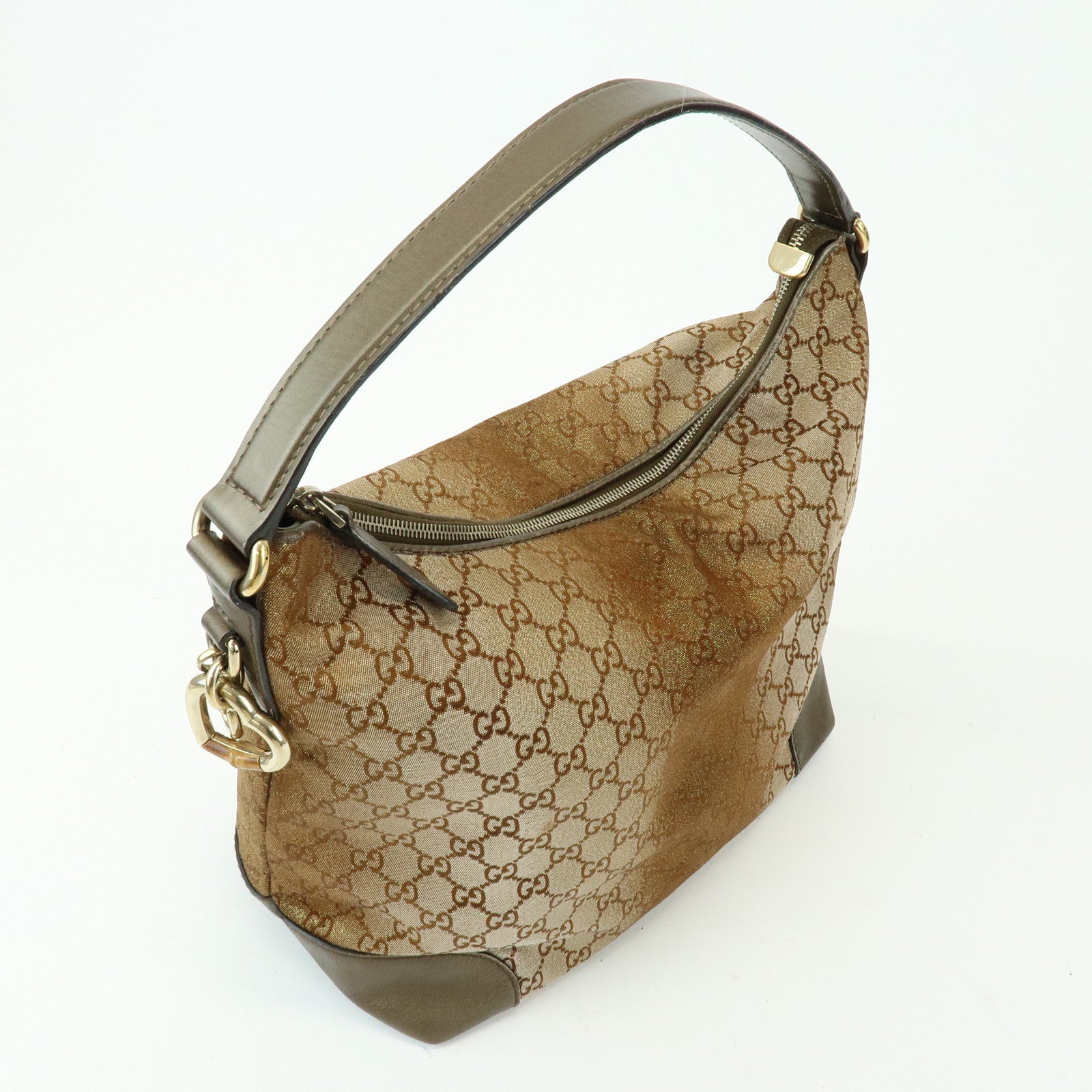 GUCCI Heart Bit GG Canvas Leather Shoulder Bag Bamboo Charm 269958