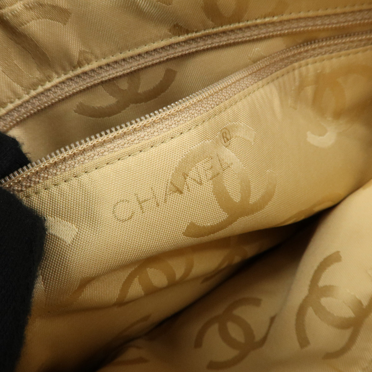CHANEL Chevron COCO Mark Lamb Skin Chain Shoulder Bag Beige