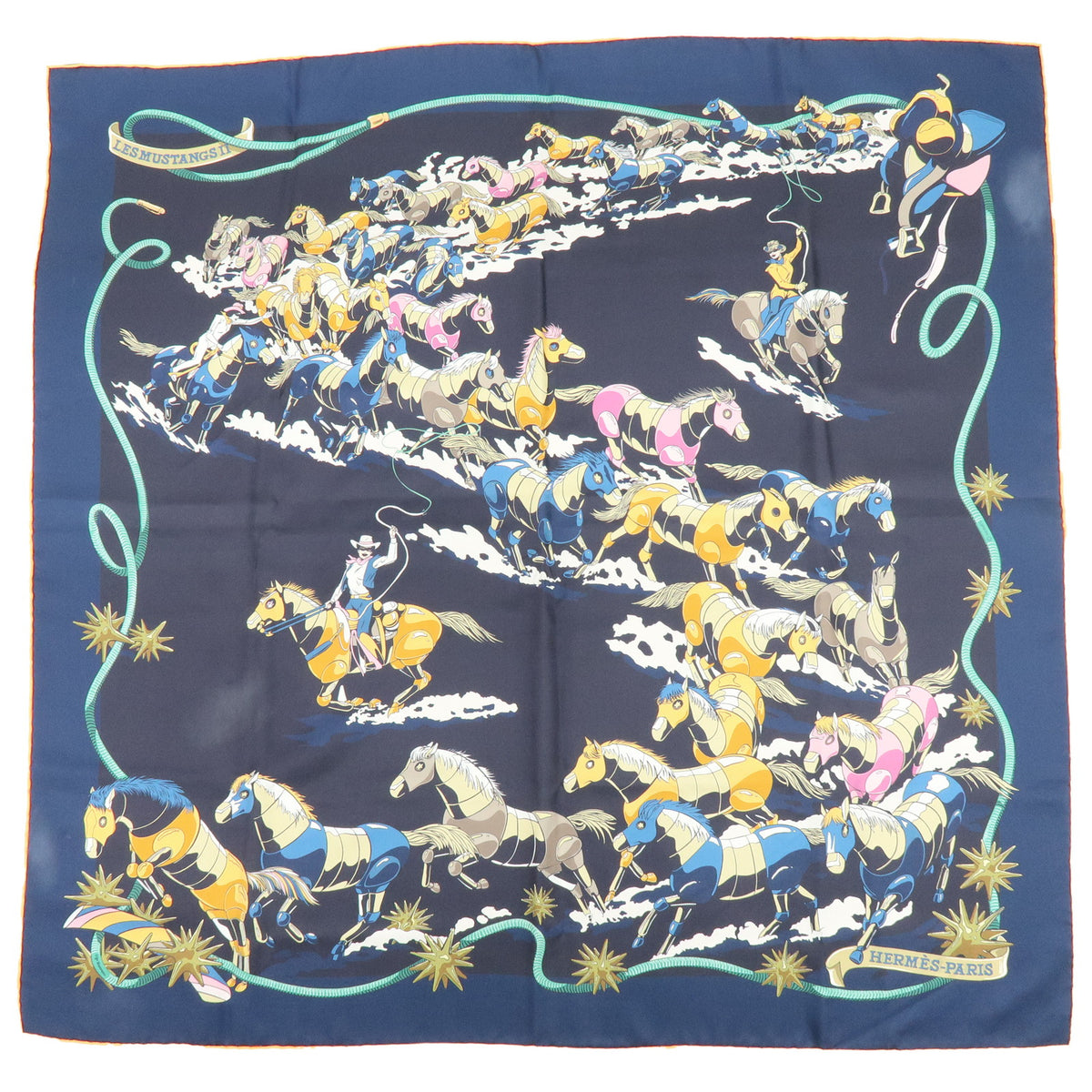 HERMES Carre Double Face 90 Silk 100% Scarf Les Mustangs Marble Navy