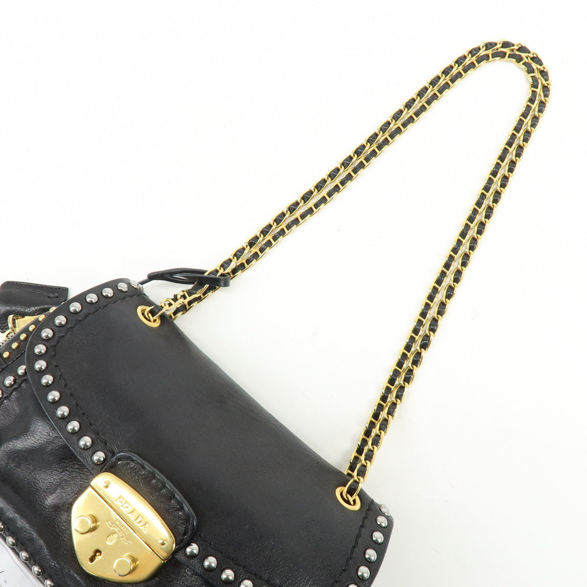 PRADA Leather Chain Shoulder Bag Studded Black Gold Silver BR4588