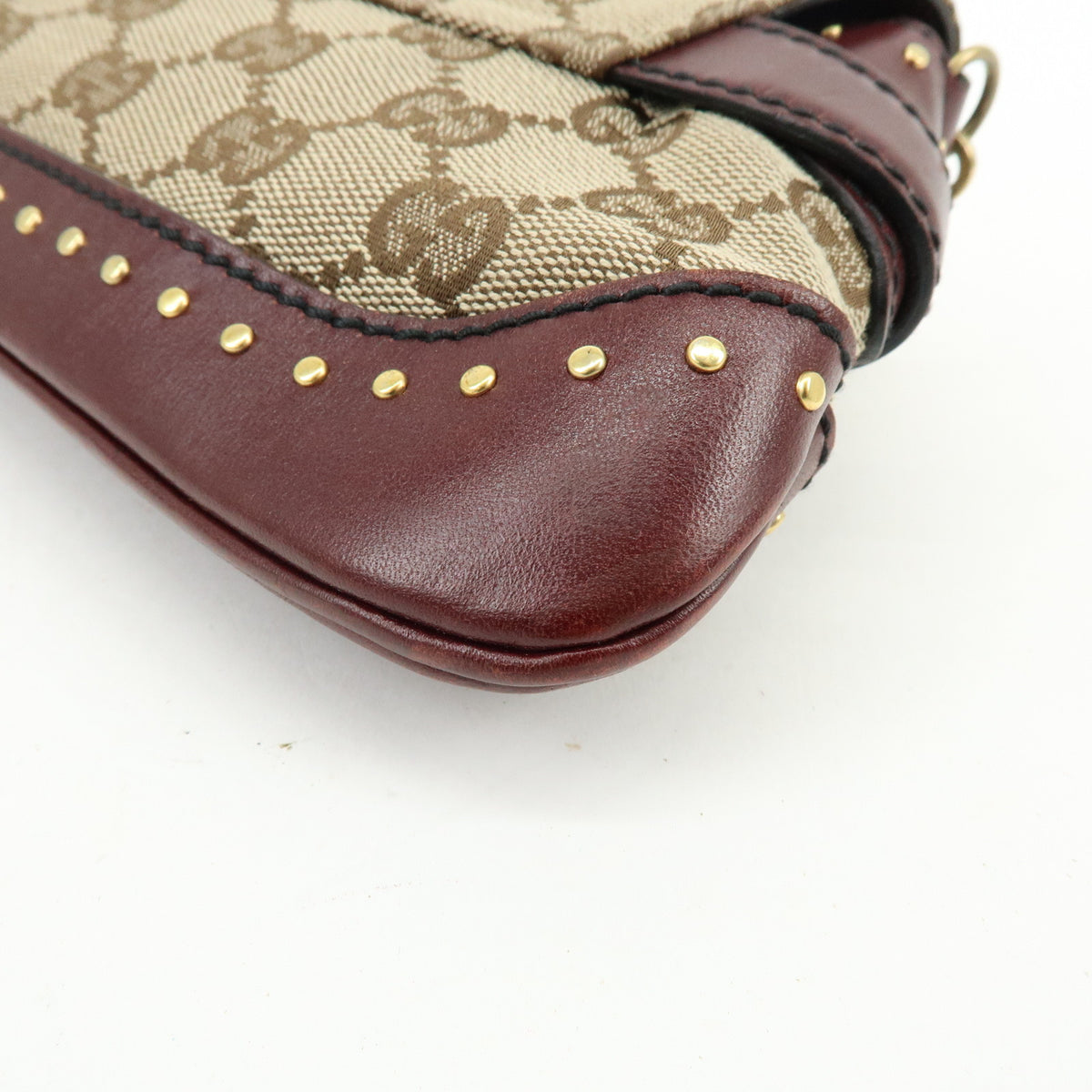 GUCCI Horsebit GG Canvas Leather Chain Hand Bag Brown Bordeaux 119186