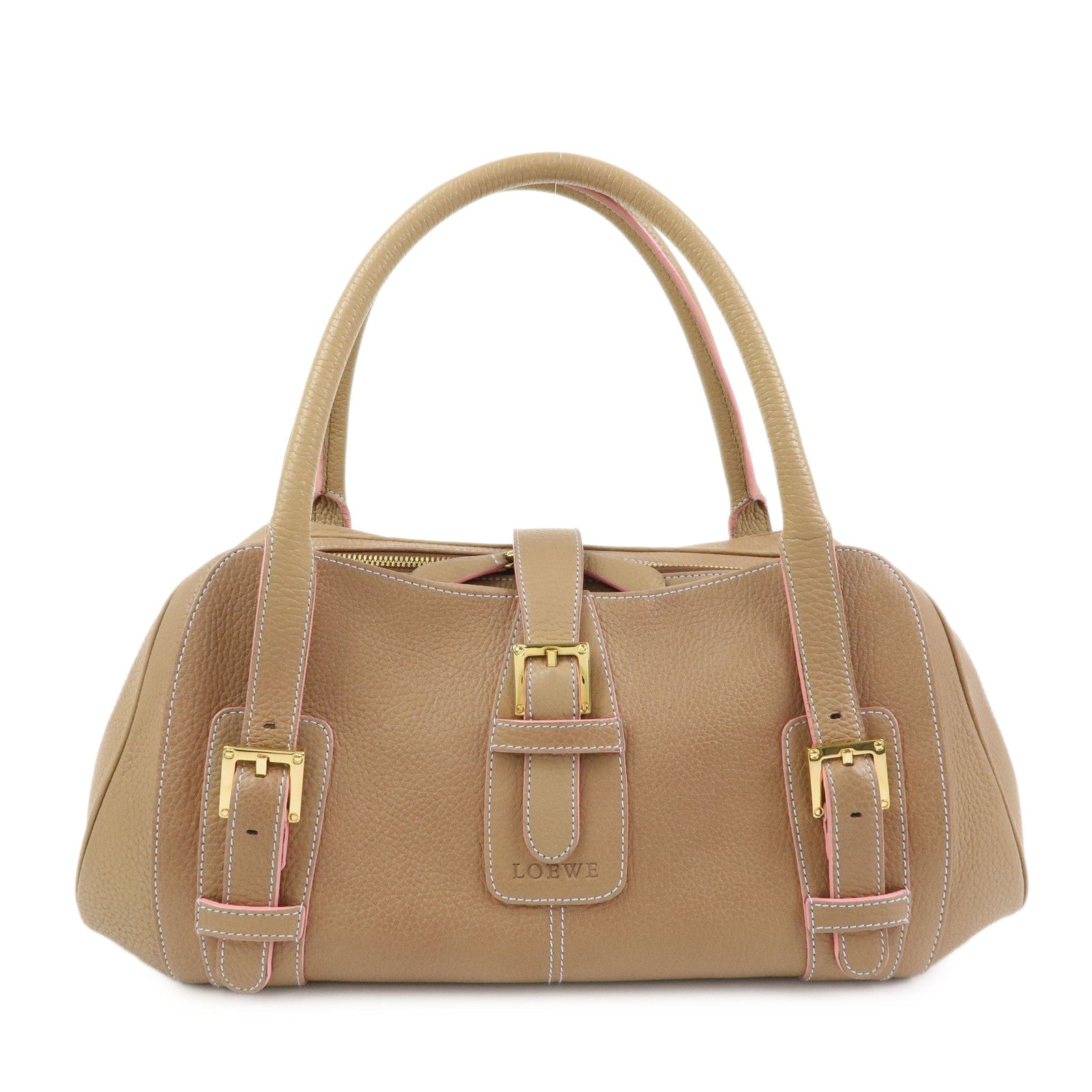 LOEWE Senda Stitches Leather Hand Bag Boston Bag Beige