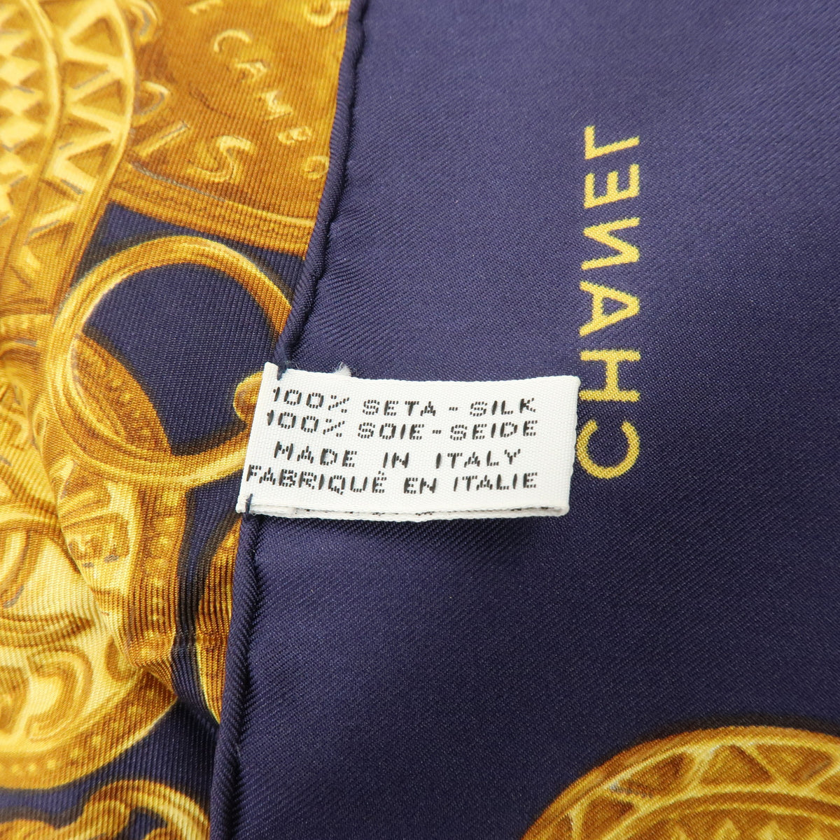 CHANEL COCO Mark Silk 100% Scarf Chain Print Gold Navy Red