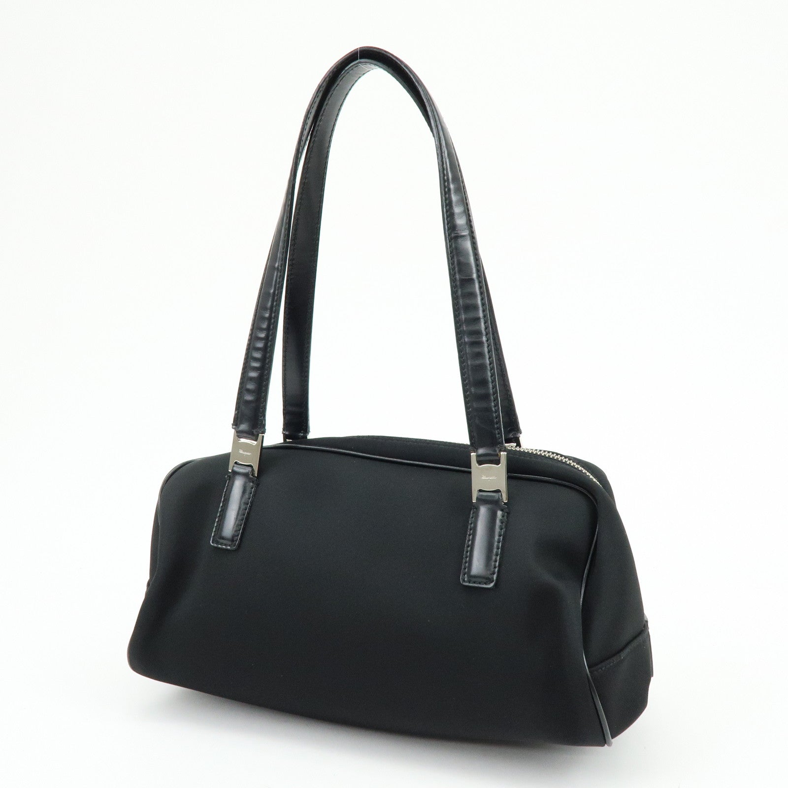 Ferragamo Nylon Leather Hand Bag Mini Boston Bag Black