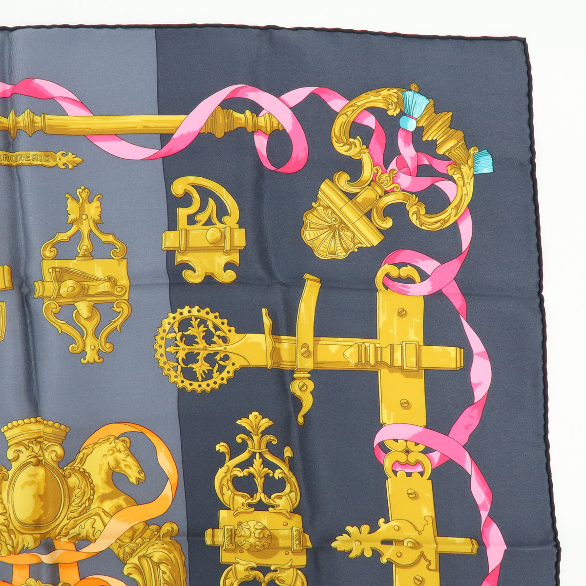 HERMES Carre 70 Silk 100% Scarf FERRONNERIE Gray Gold Pink