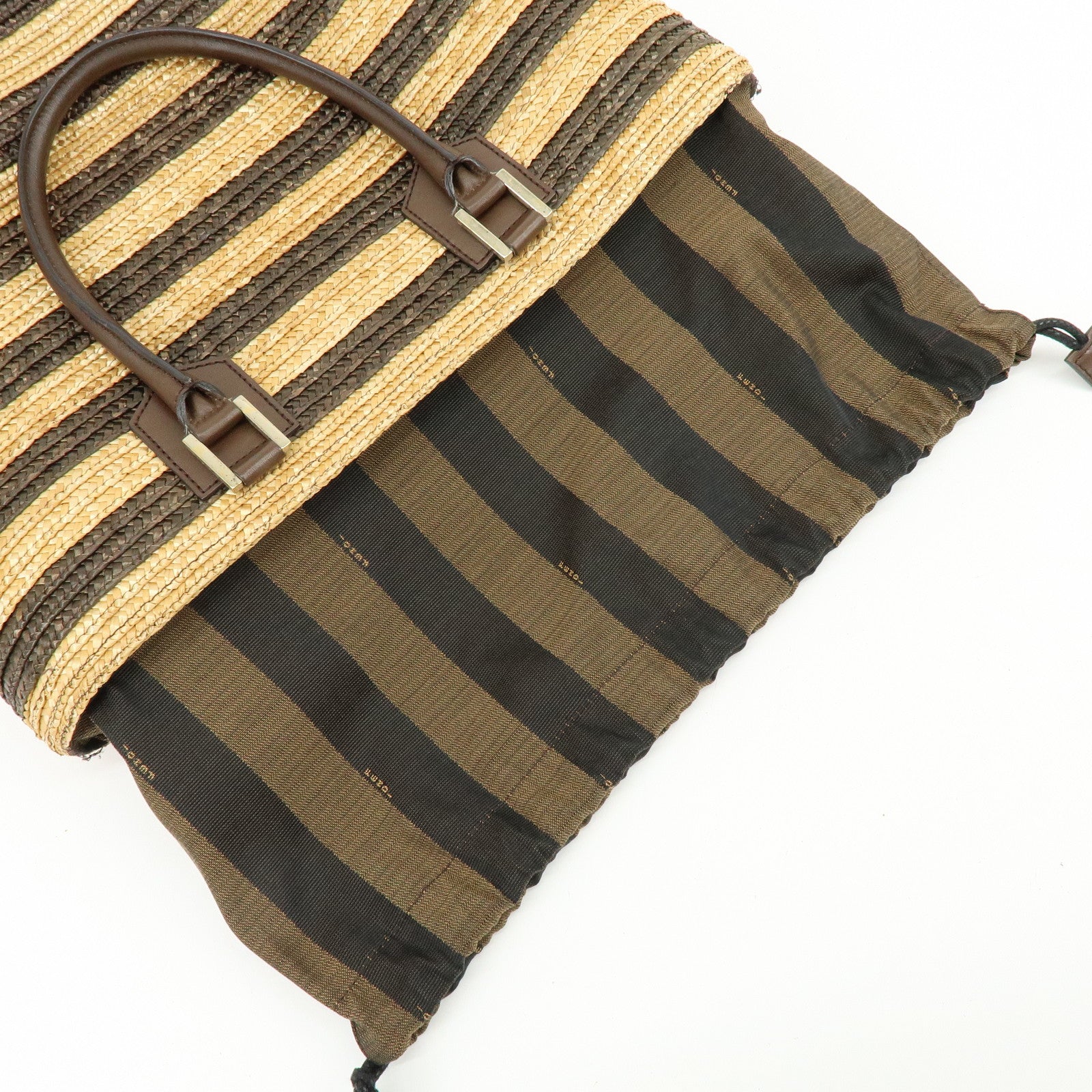 FENDI Pequin Raffia Leather Tote Bag Shoulder Bag Brown Natural