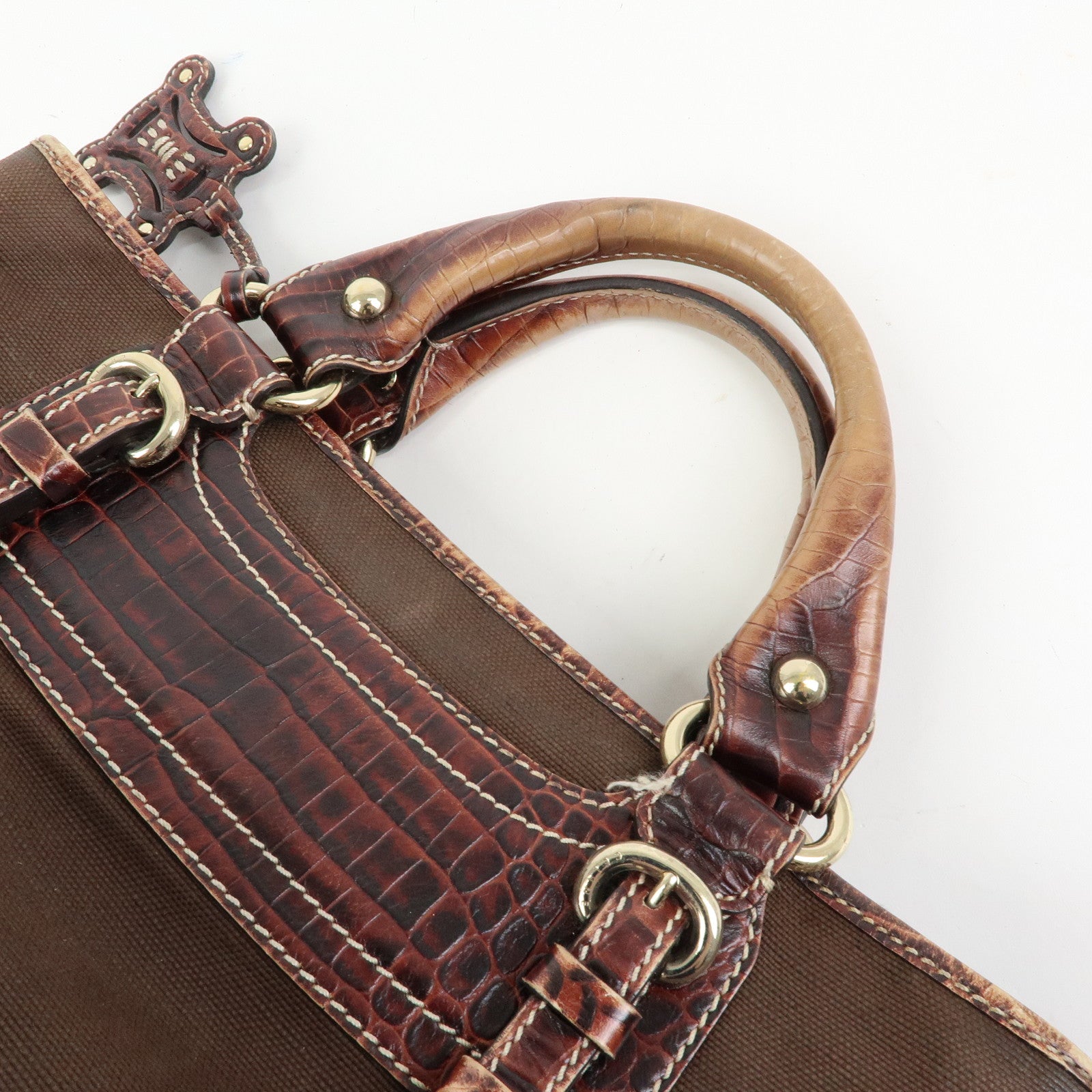 CELINE Boogie Bag Canvas Embossed Leather Hand Bag Tote Bag Brown