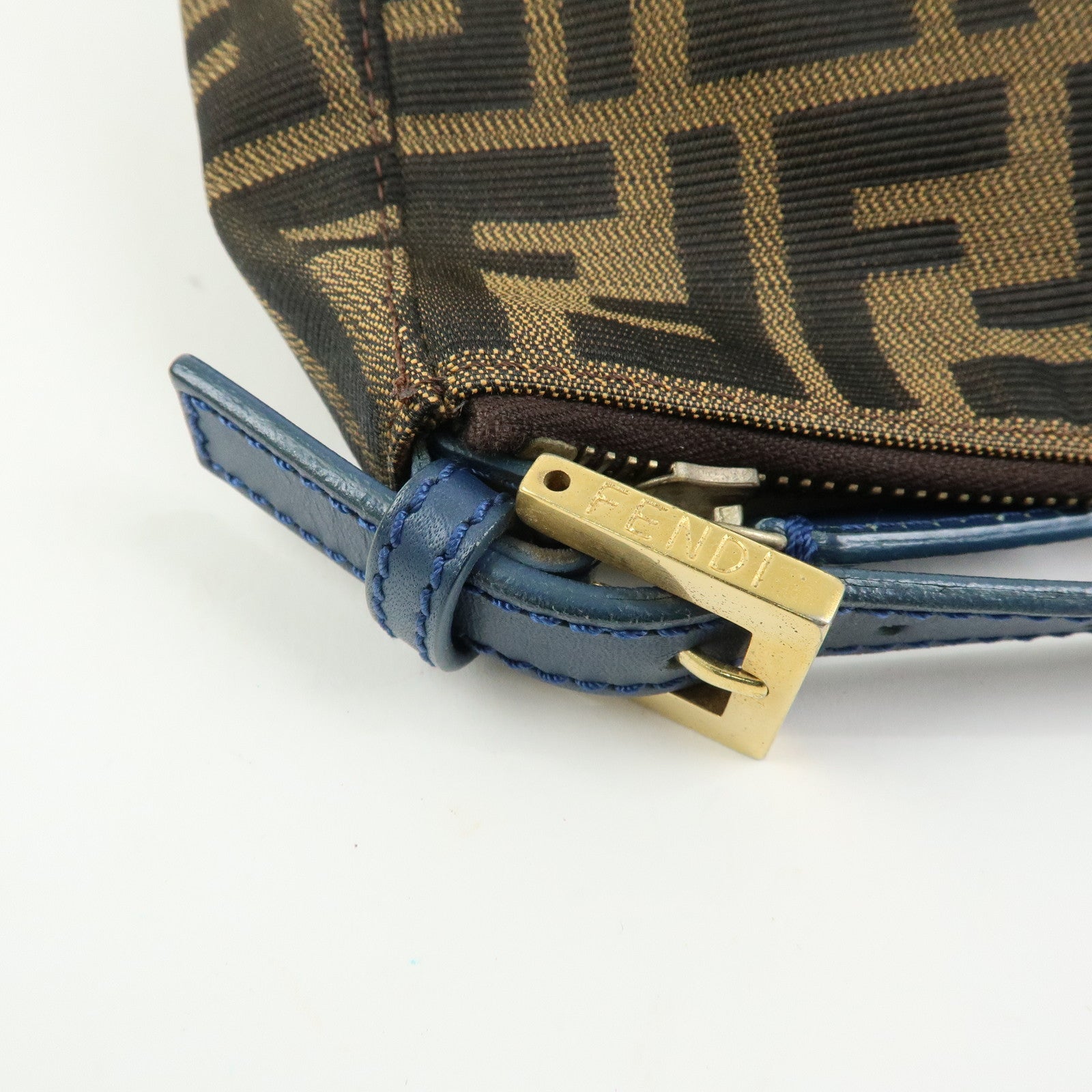 FENDI Zucca Canvas Leather Hand Bag Accessory Pouch Brown Blue 8N0005