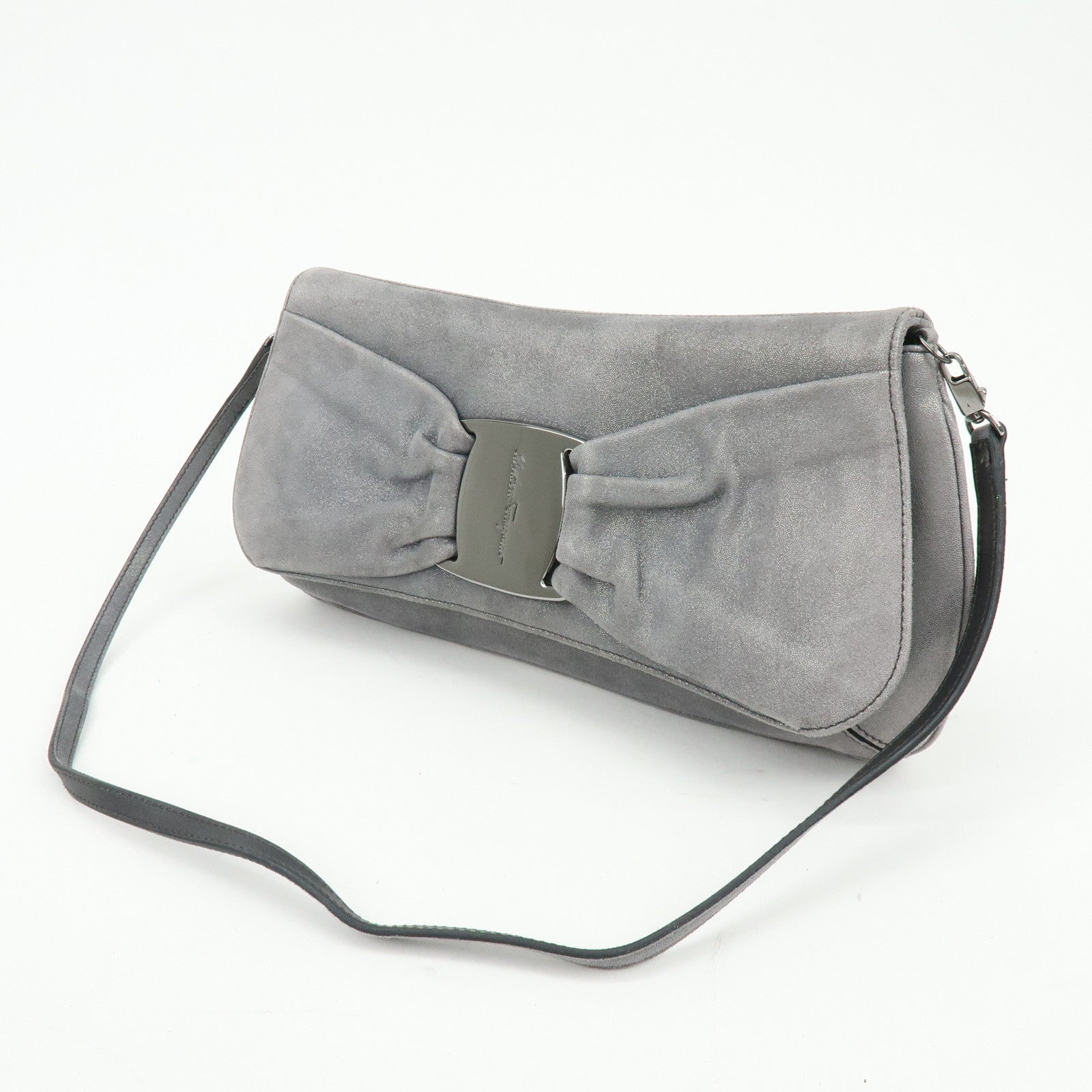 Ferragamo Vara Ribbon Leather Shoulder Bag Clutch Bag Metallic Gray