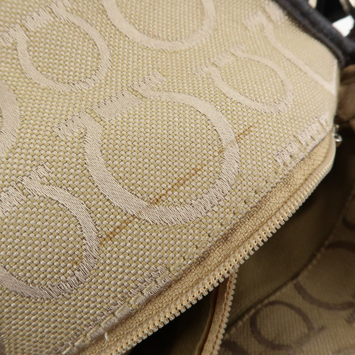 Ferragamo Gancini Jacquard Canvas Leather Hand Bag Beige Brown