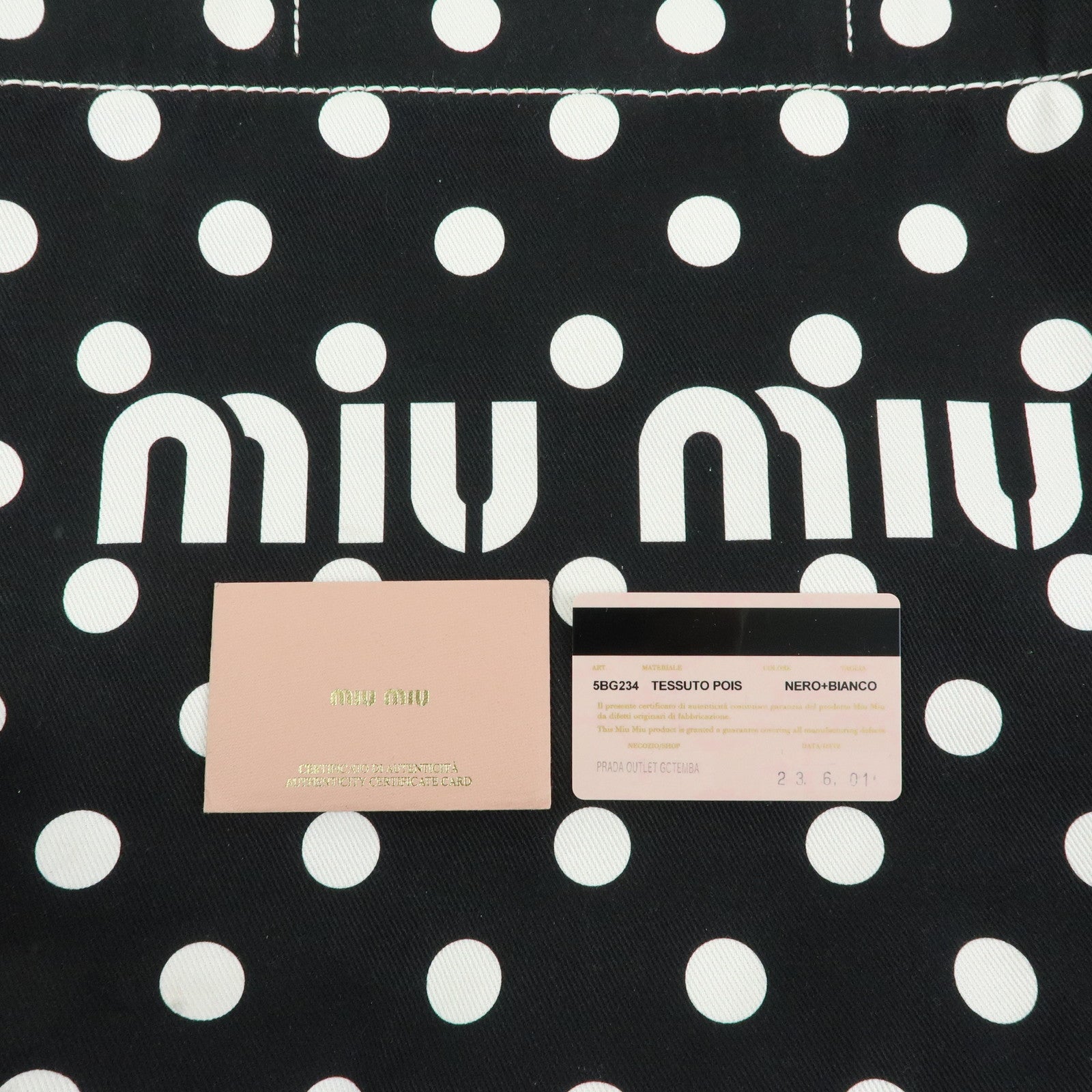 MIU MIU Logo Canvas Leather Polka Dots Tote Shoulder Bag Black 5BG234