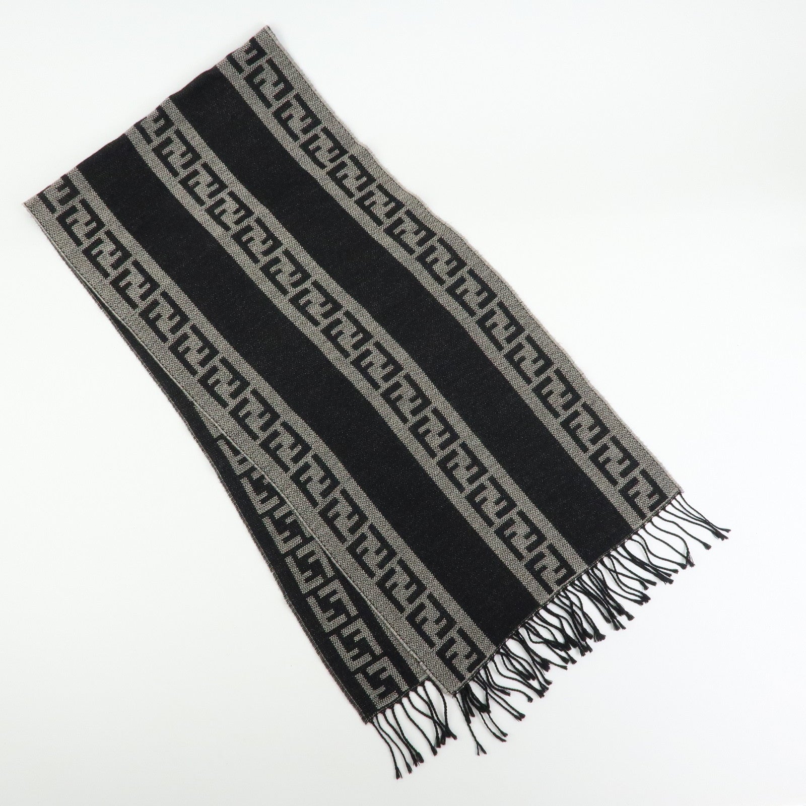 FENDI Zucca Wool 100% Striped Scarf Stole Black Gray