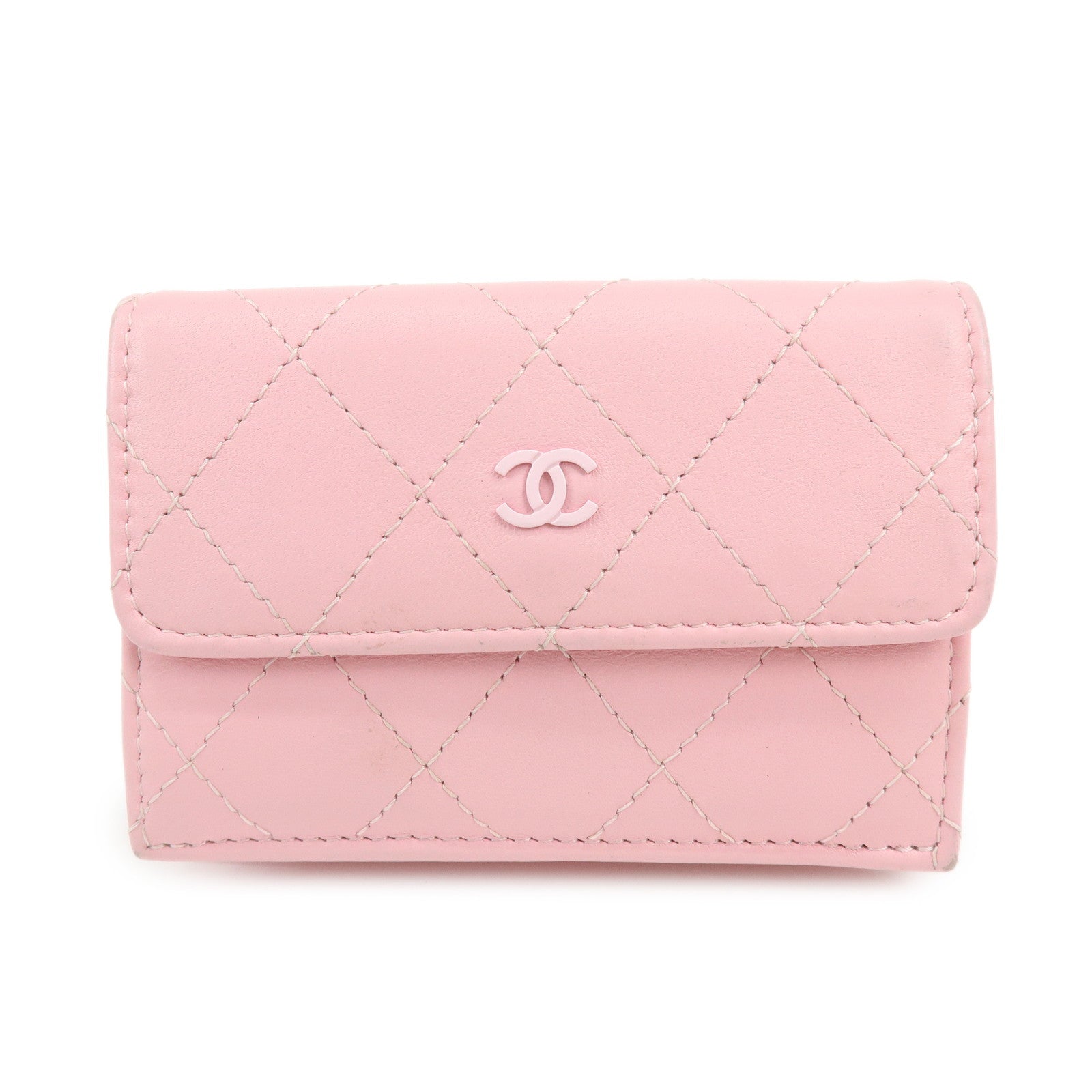 CHANEL COCO Mark Wild Stitch Calf Skin Tri-Fold Compact Wallet Pink