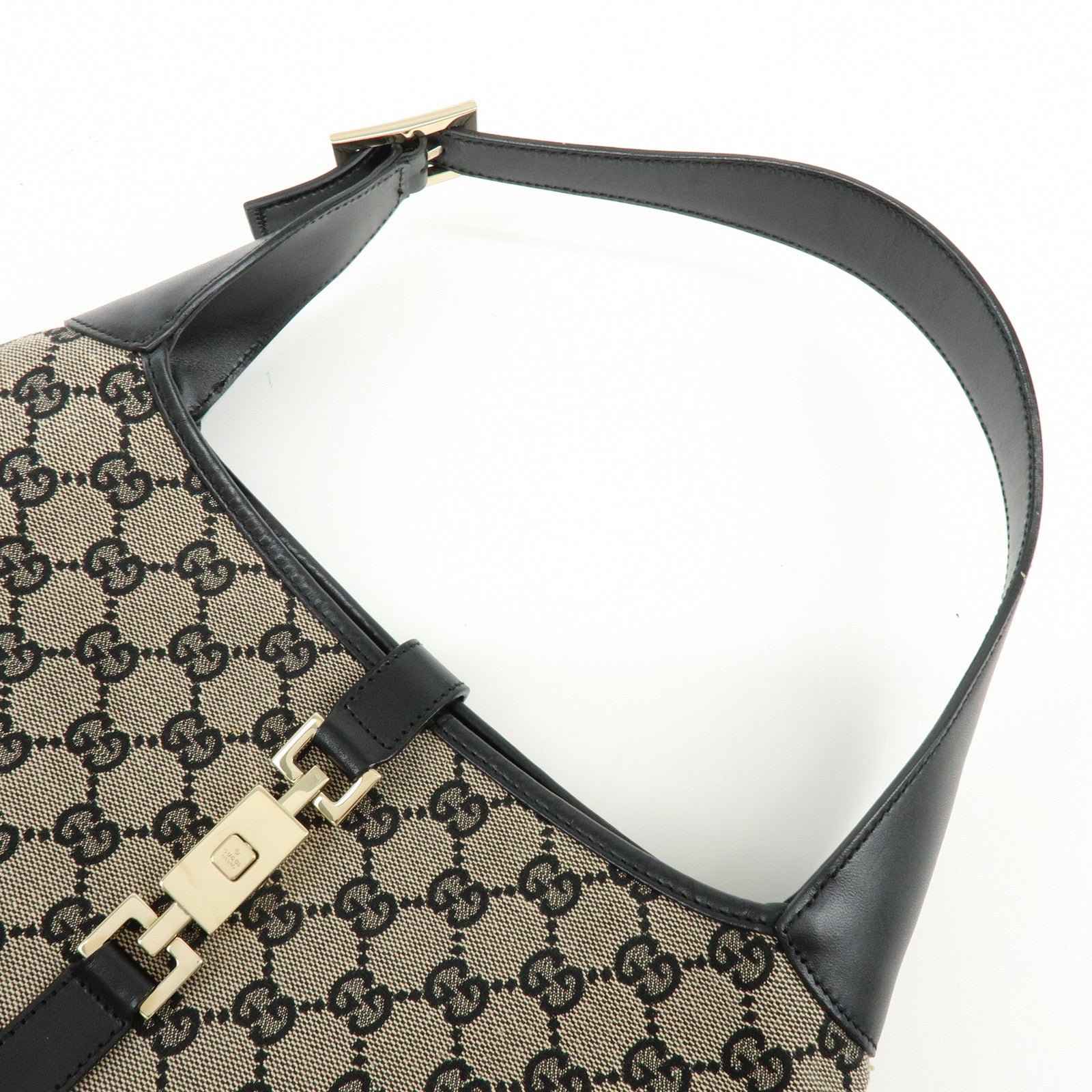 GUCCI Jackie GG Canvas Leather Shoulder Hand Bag Beige Black 001・3306