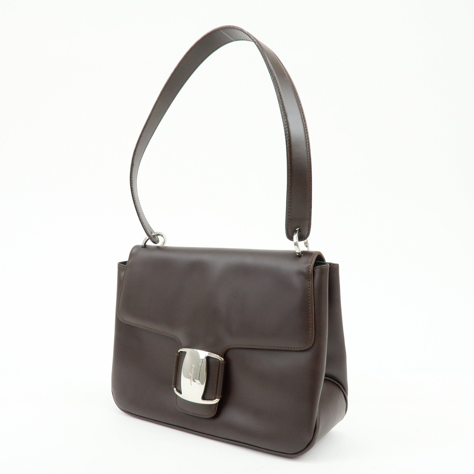 Ferragamo Vara Leather Shoulder Bag Hand Bag Dark Brown