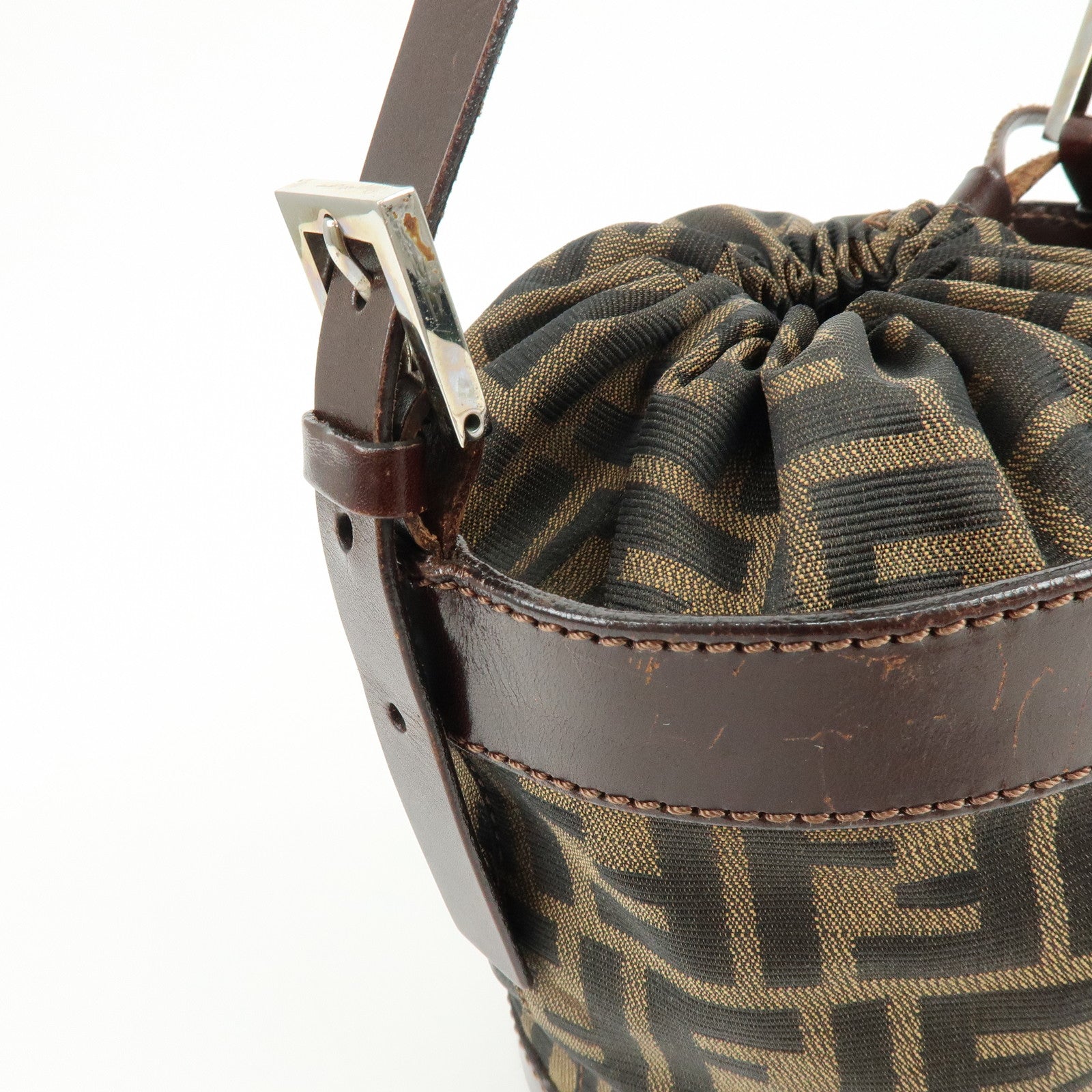 FENDI Zucca Canvas Leather Hand Bag Bucket Bag Brown 16325
