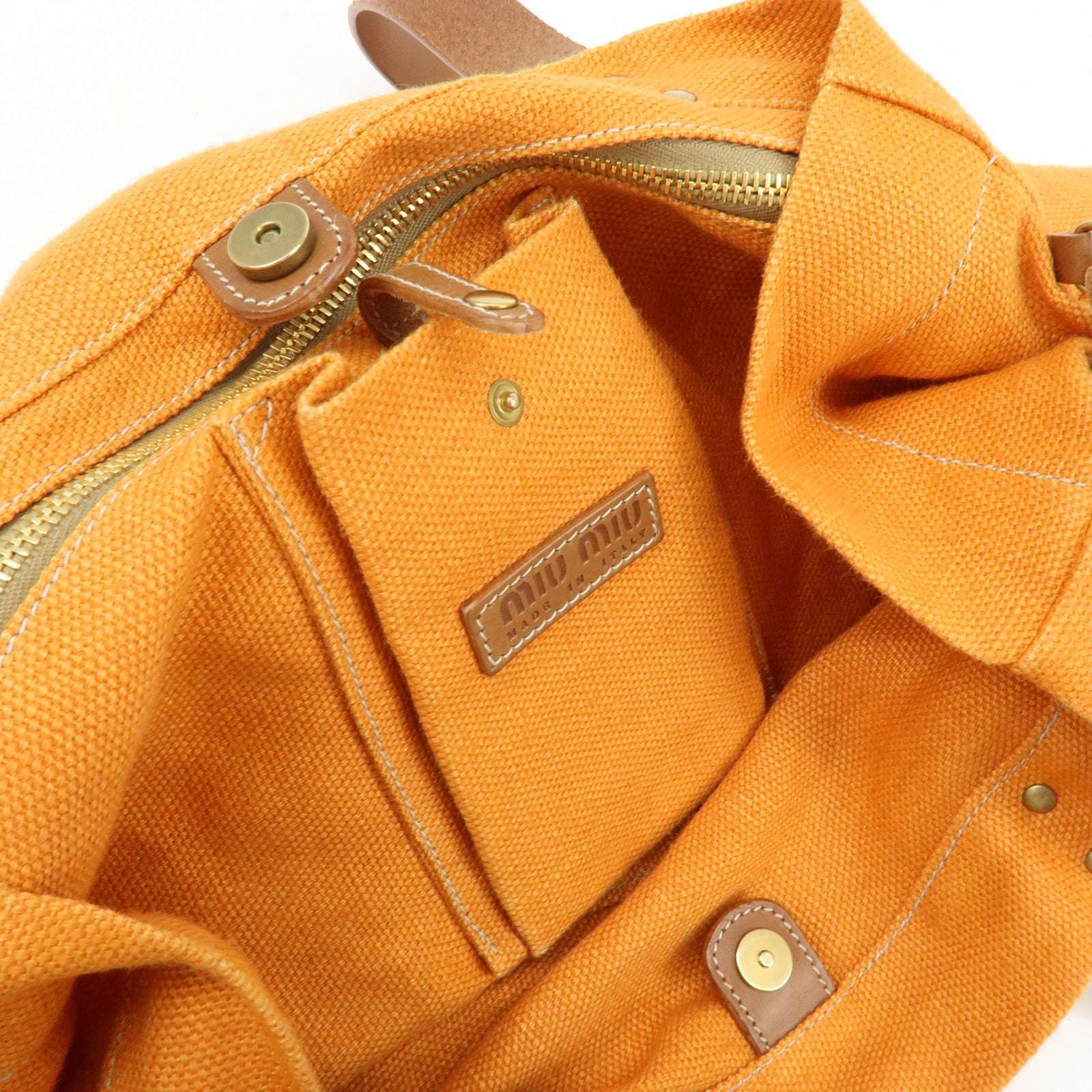 MIU MIU Canvas Leather Tote Bag Shoulder Bag Tassel Orange Brown