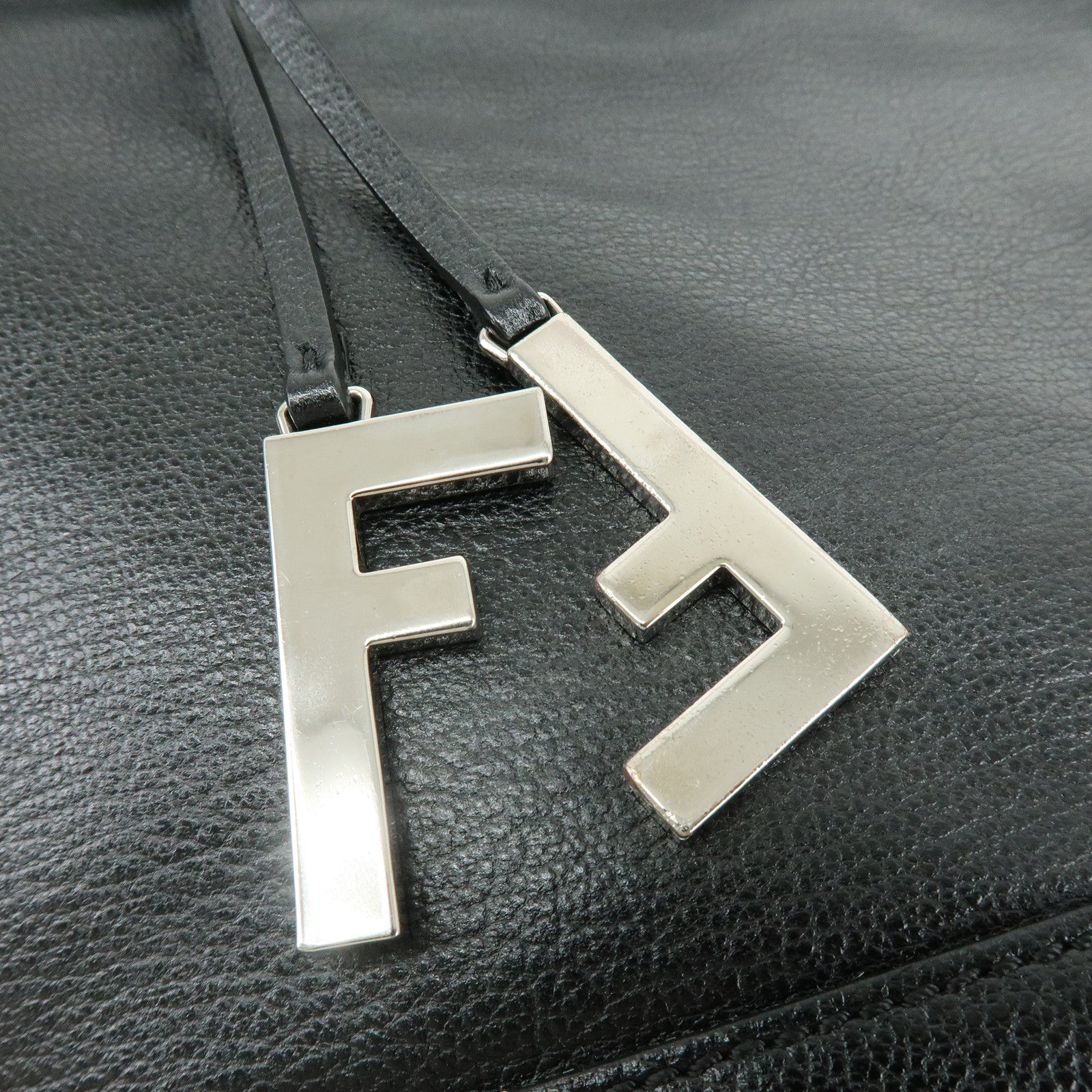 FENDI Leather Shoulder Bag Hand Bag Logo Charm Black 8BR697