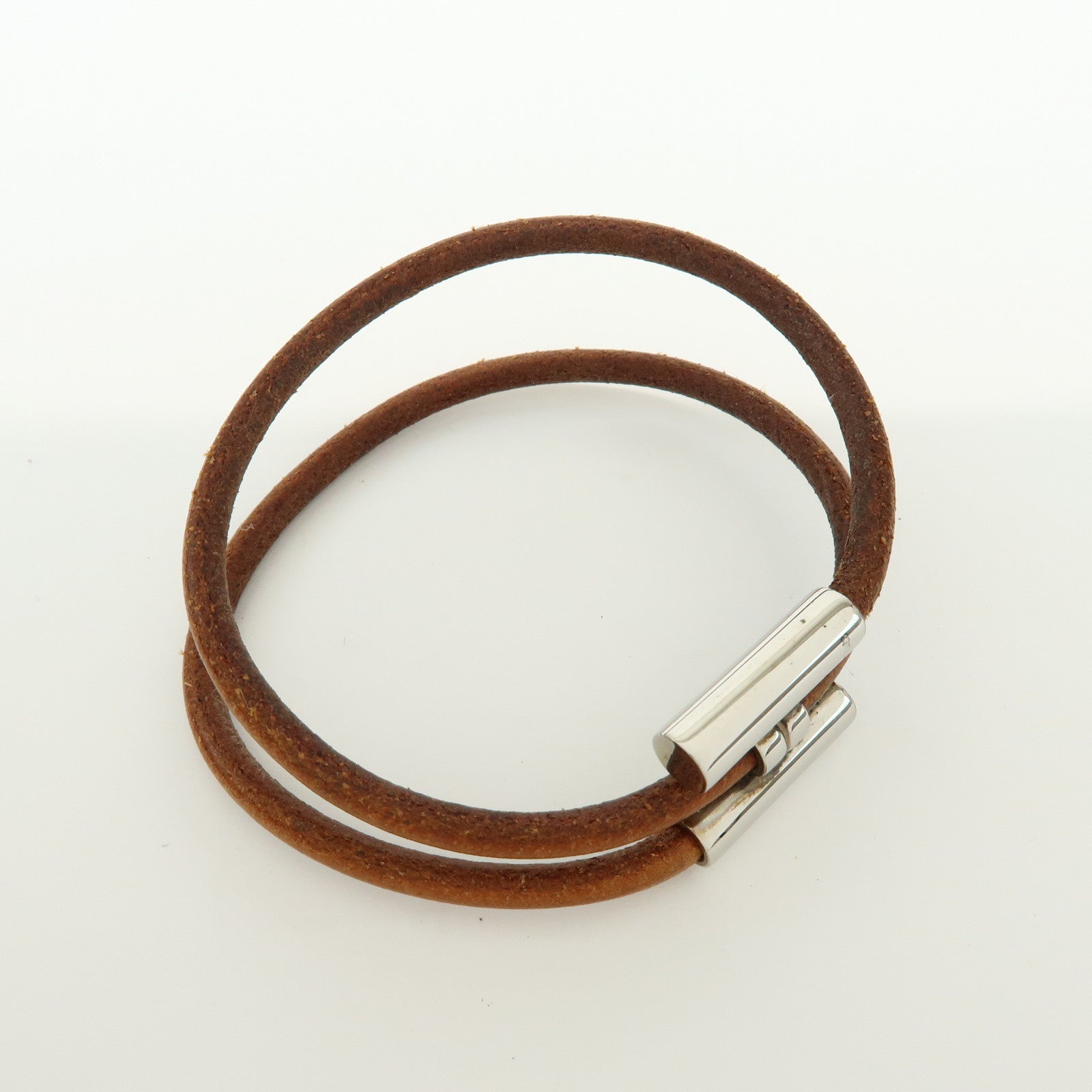 HERMES Leather Metal Tournis Tresse Bracelet Brown Silver