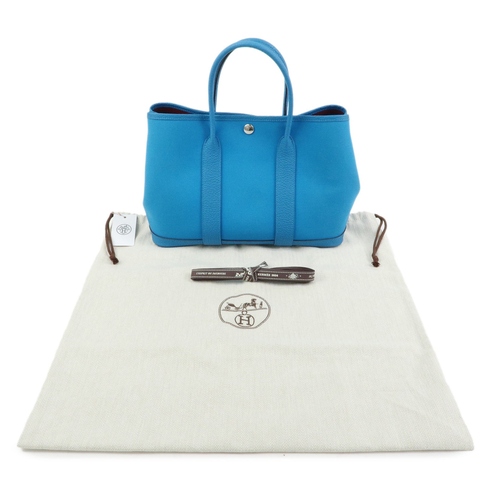 HERMES Garden Party TPM Toile H Leather Tote Bag Hand Bag TurquoiseBlue