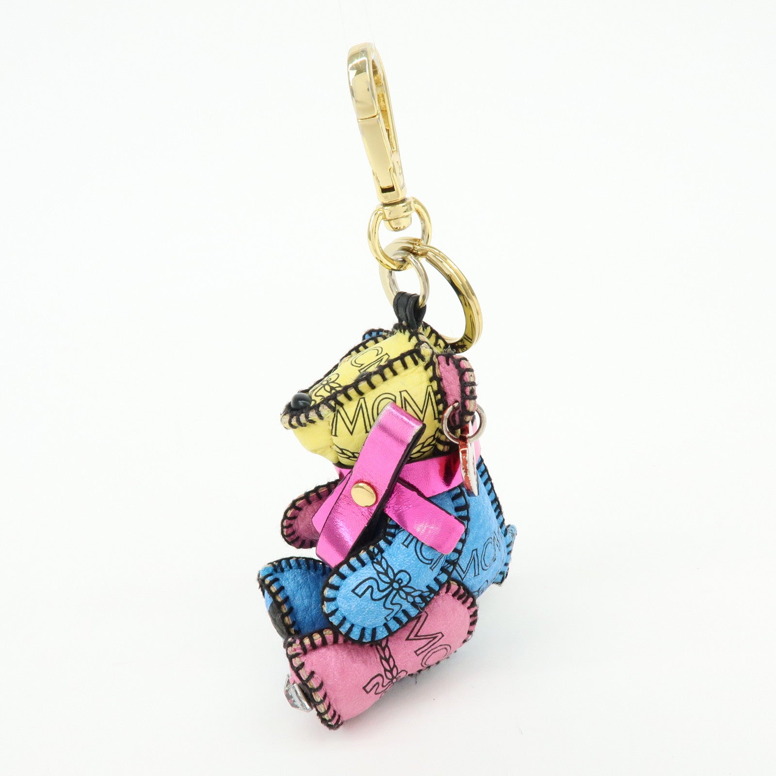 MCM Visetos Bear Leather Bag Charm Key Chain Yellow Pink Blue
