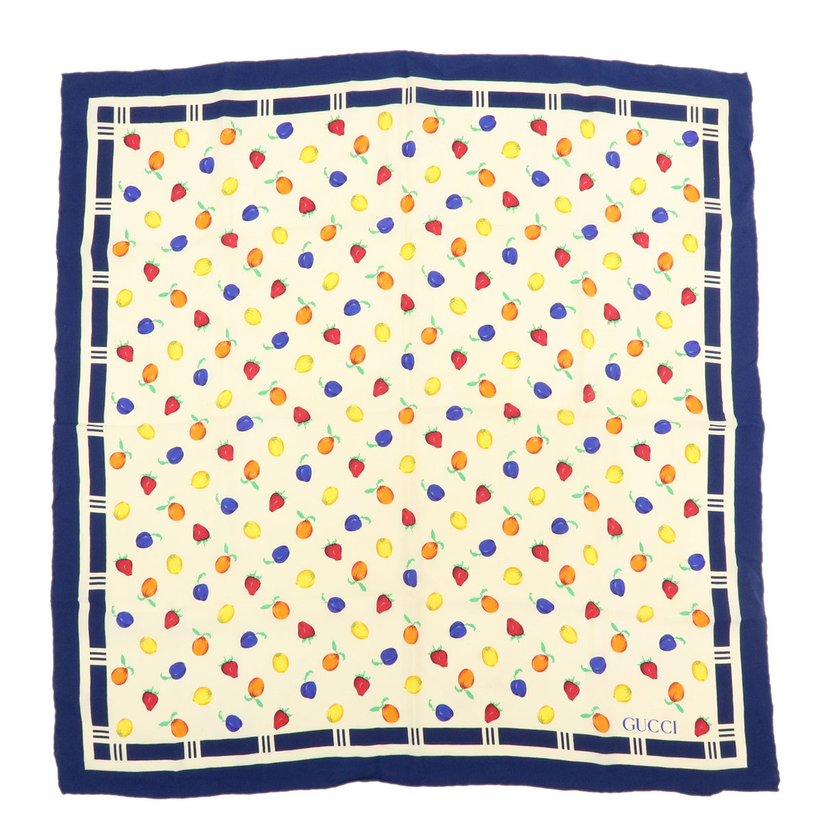 GUCCI Silk 100%  Scarf Shawl Fruit Pattern Navy Multicolor