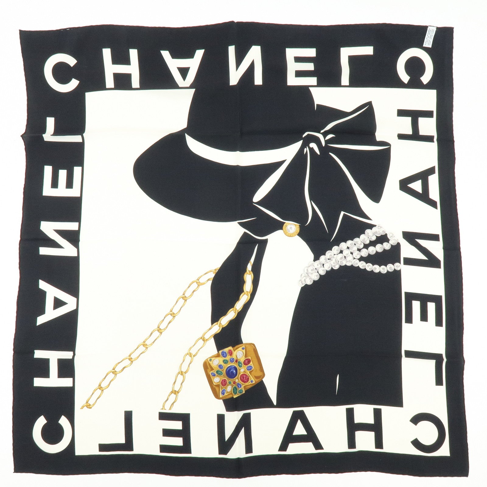 CHANEL Logo Silk 100% Scarf Women Jewel Design Black White Gold