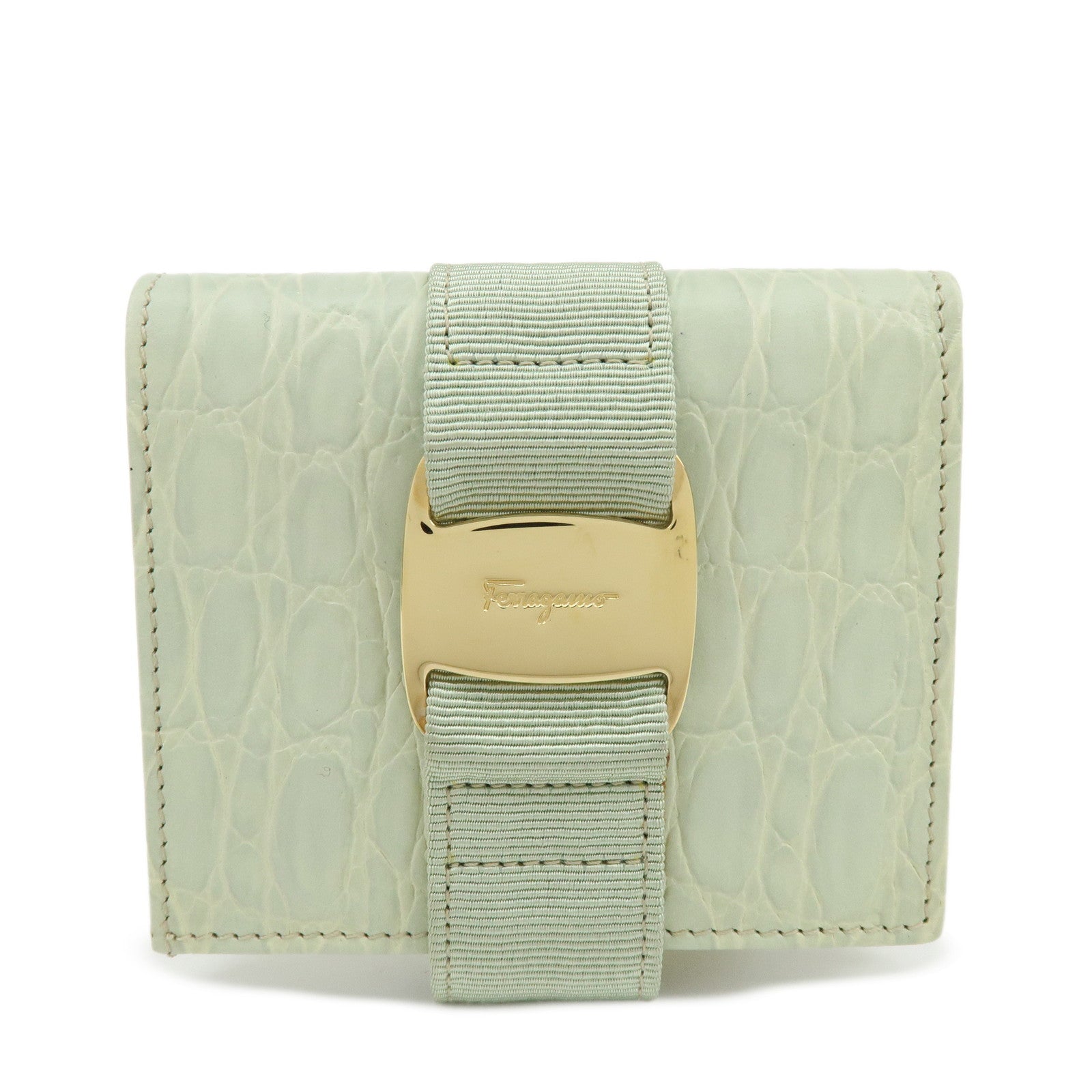 Ferragamo Vara Embossed Leather Compact Wallet Light Green